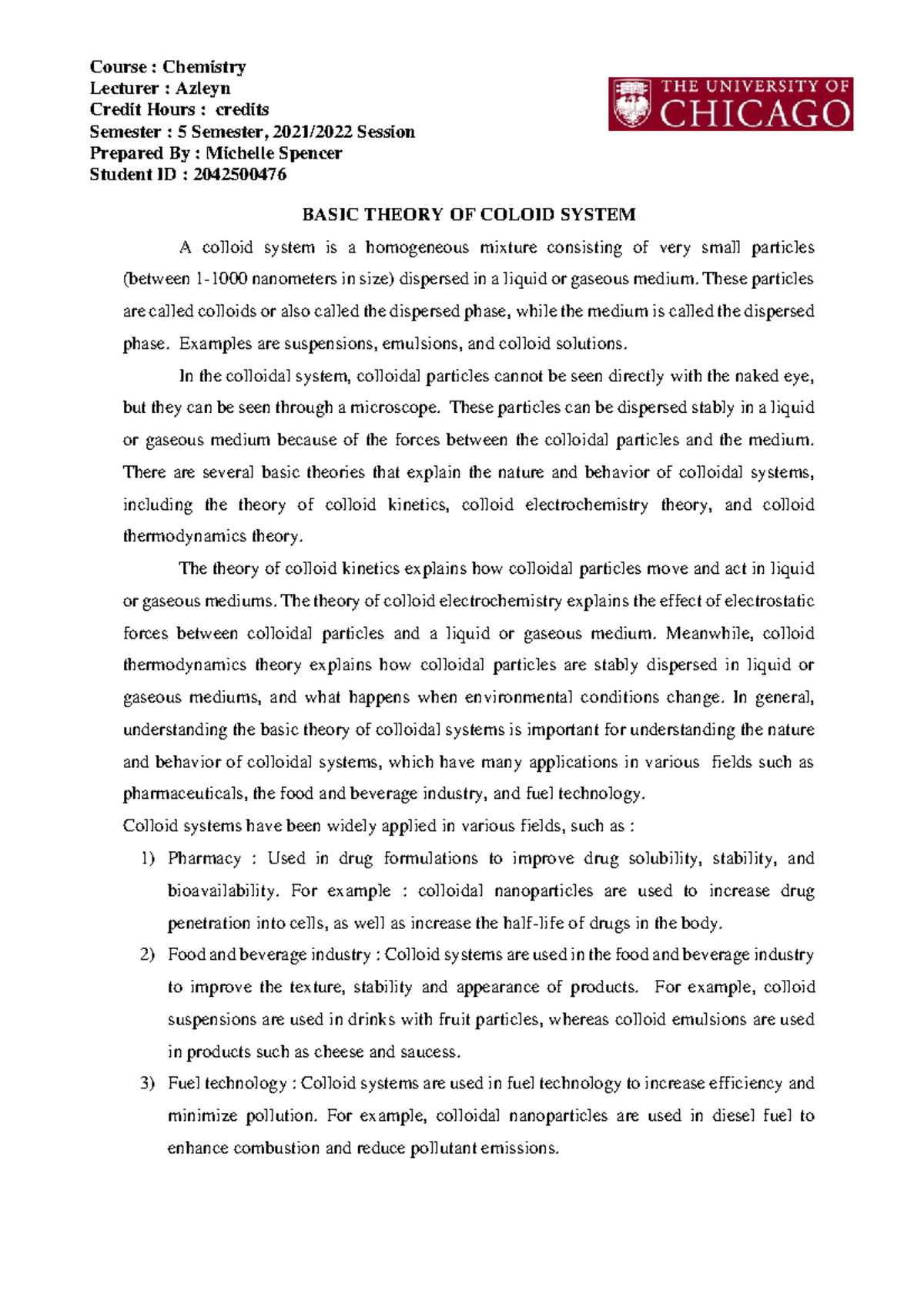 Lecturer Notes Basic Theory Of Colloid System Chemistry Course