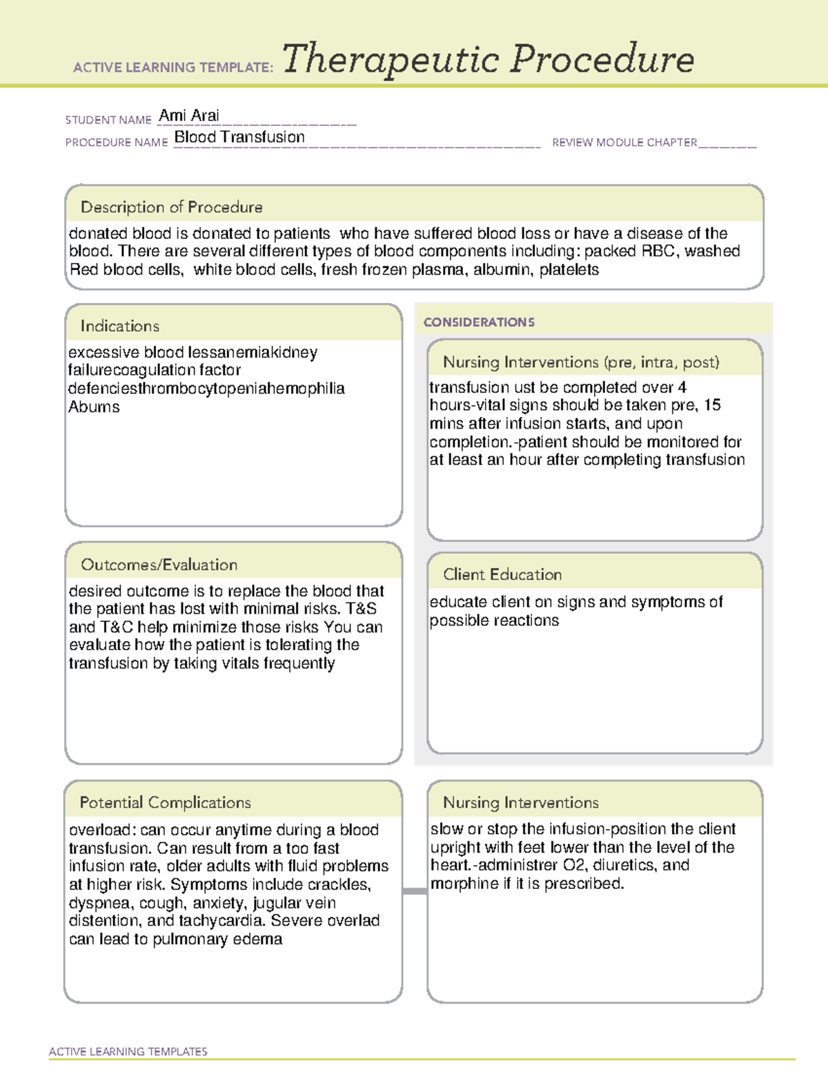 Blood Transfusion Therapeudic Procedure - Nur 221 - Active Learning 