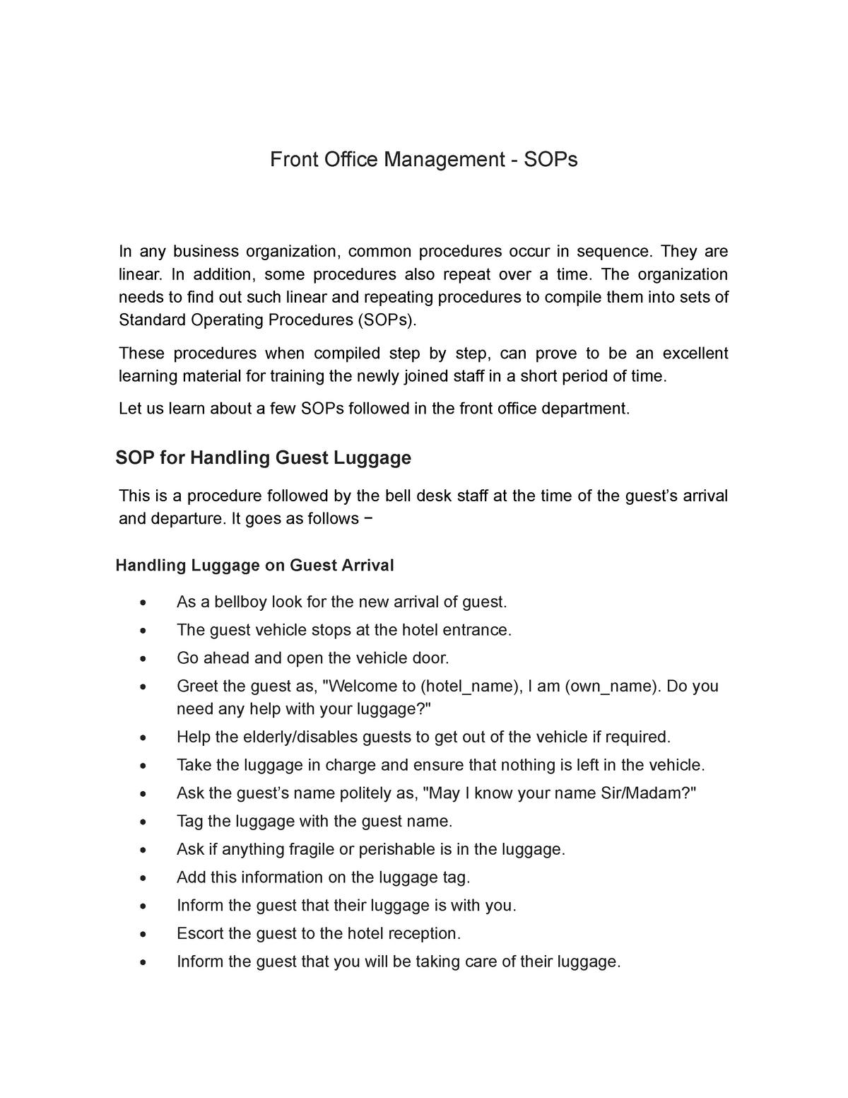 Front Office Management Job Description