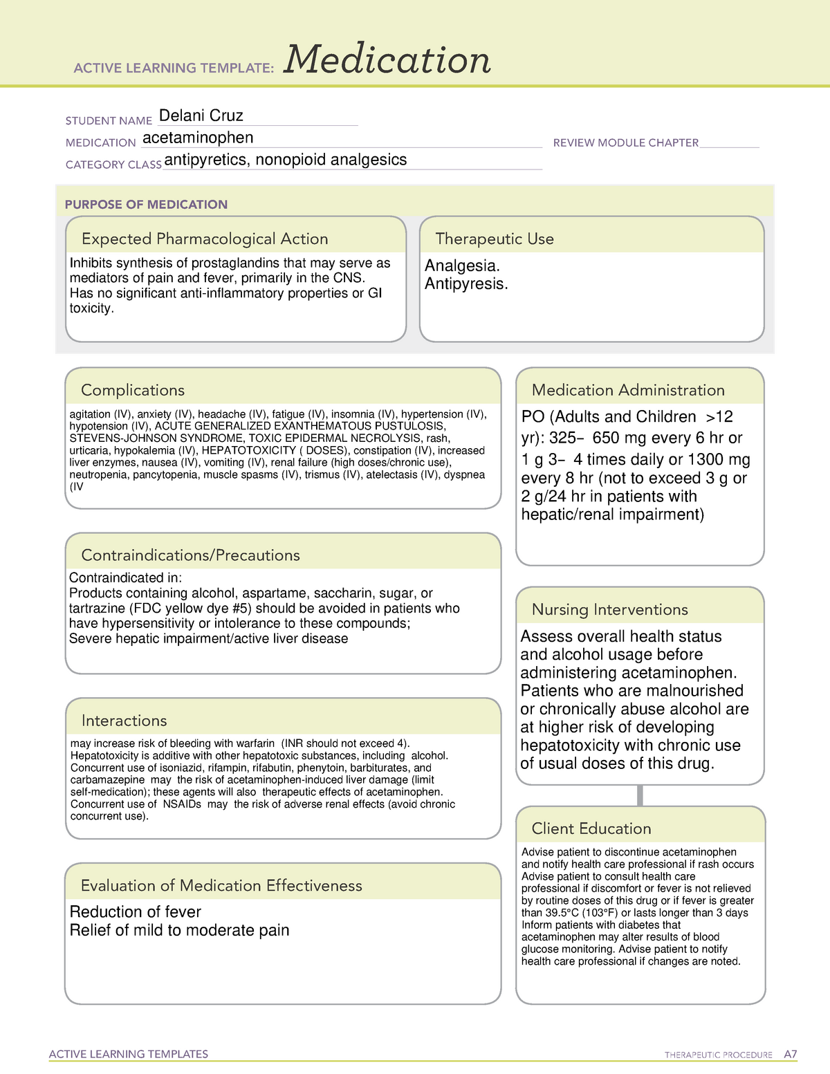 ATI template Acetaminophen ACTIVE LEARNING TEMPLATES THERAPEUTIC
