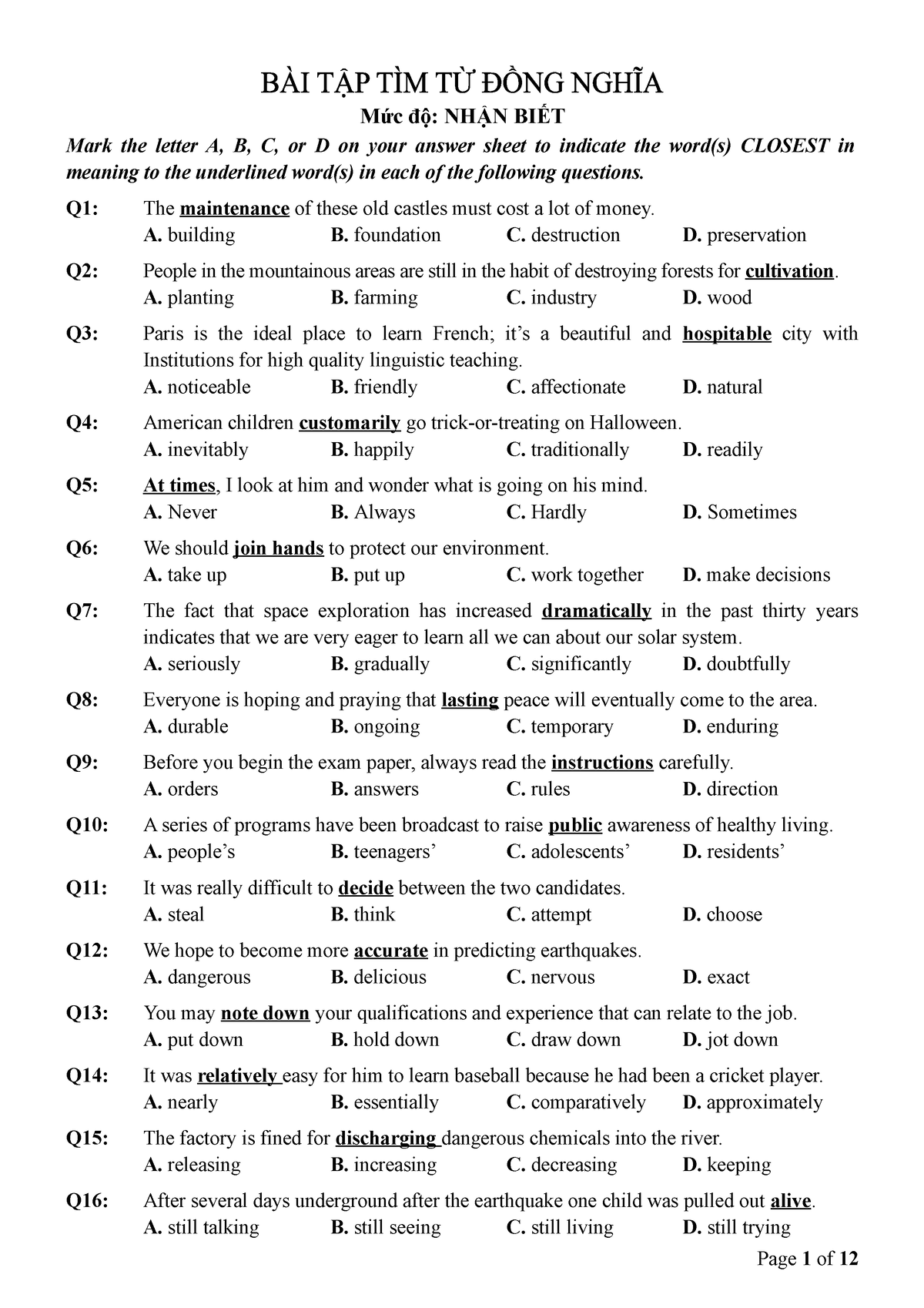 FULL ĐỒNG NGHĨA 150CAU - (1) - Mức độ: NHẬN BIẾT Mark The Letter A, B ...