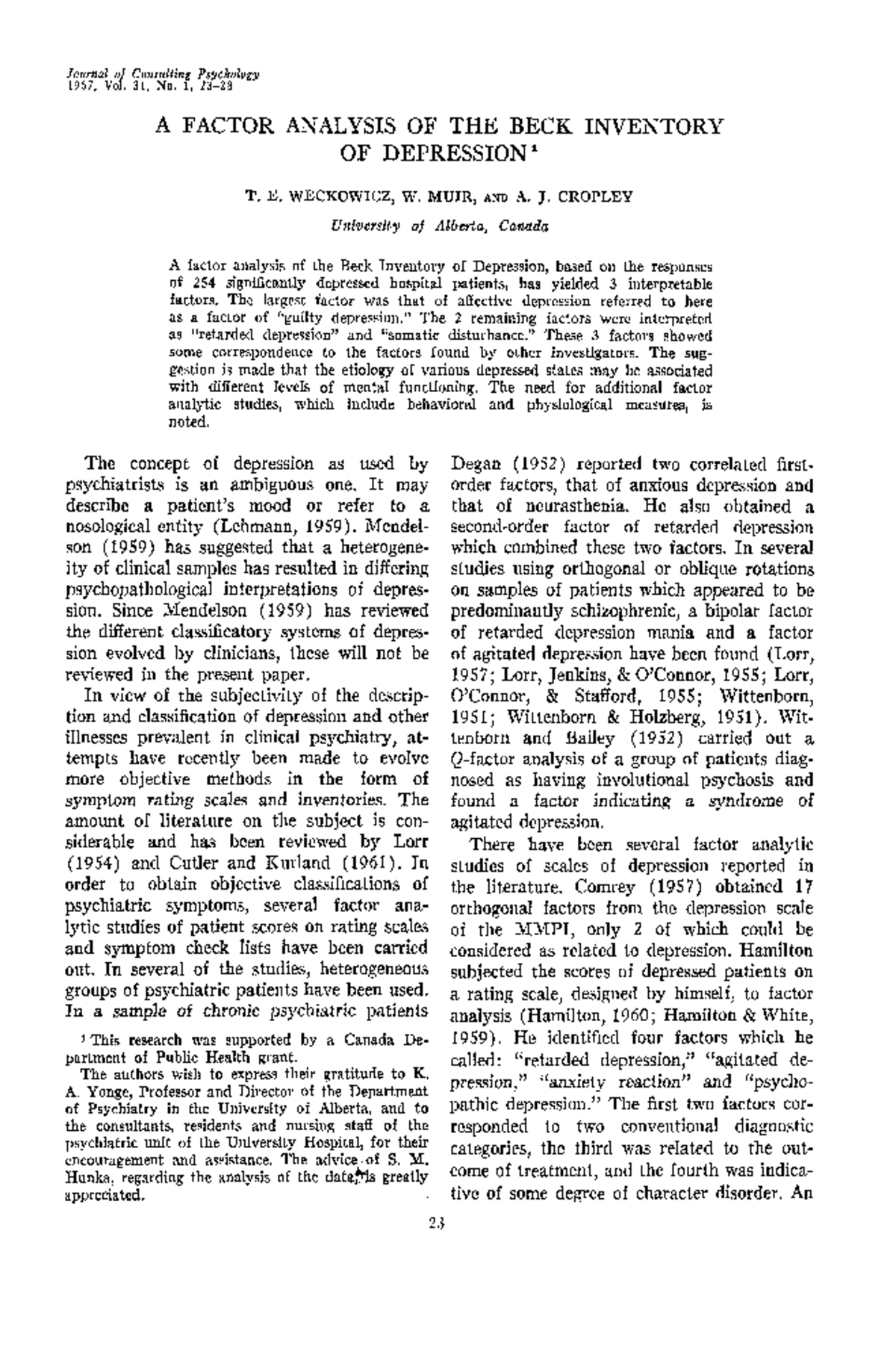 A factor analysis of the Beck Inventory of Depression - Journal of ...