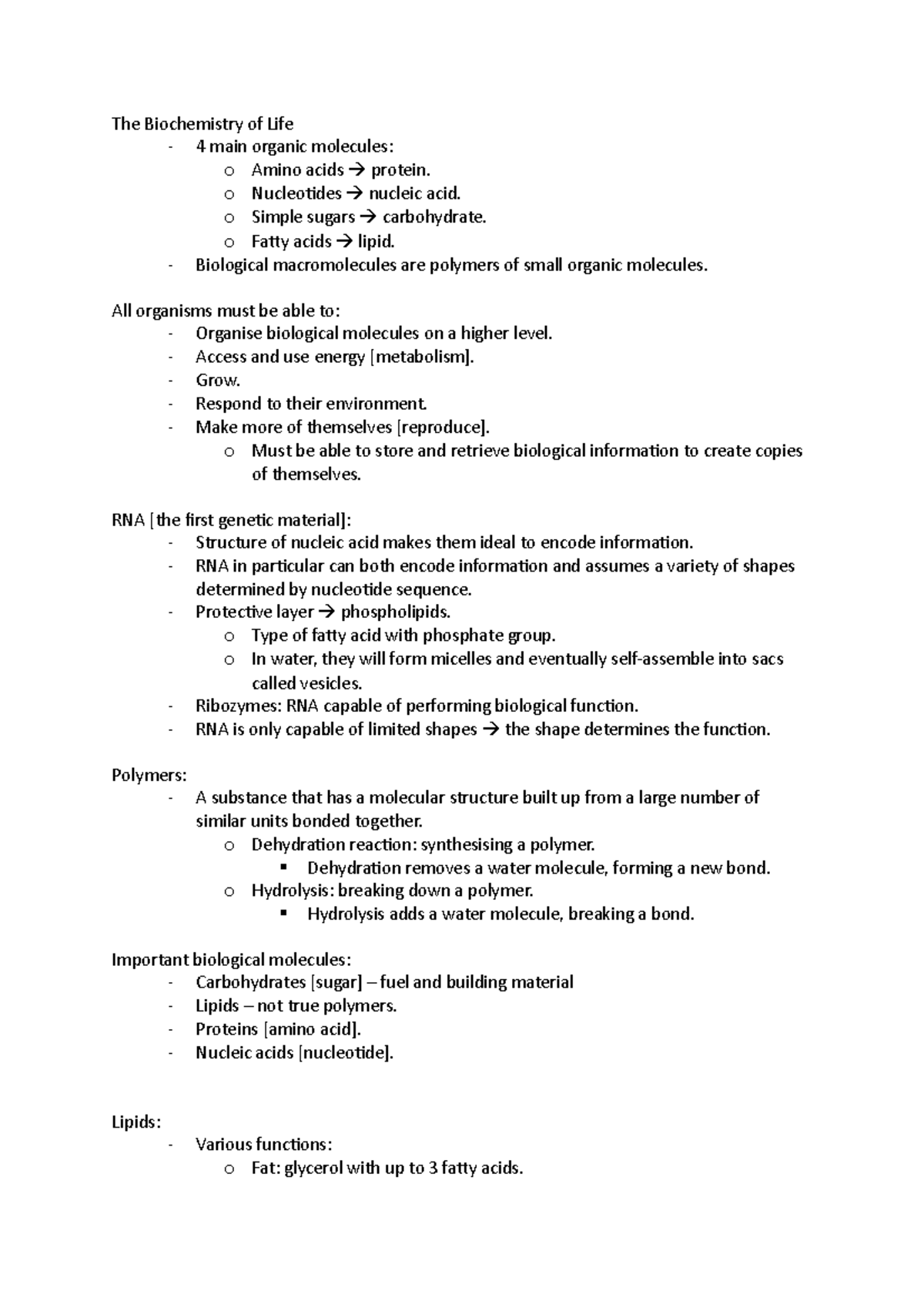 Bio week 1 content - The Biochemistry of Life - 4 main organic ...