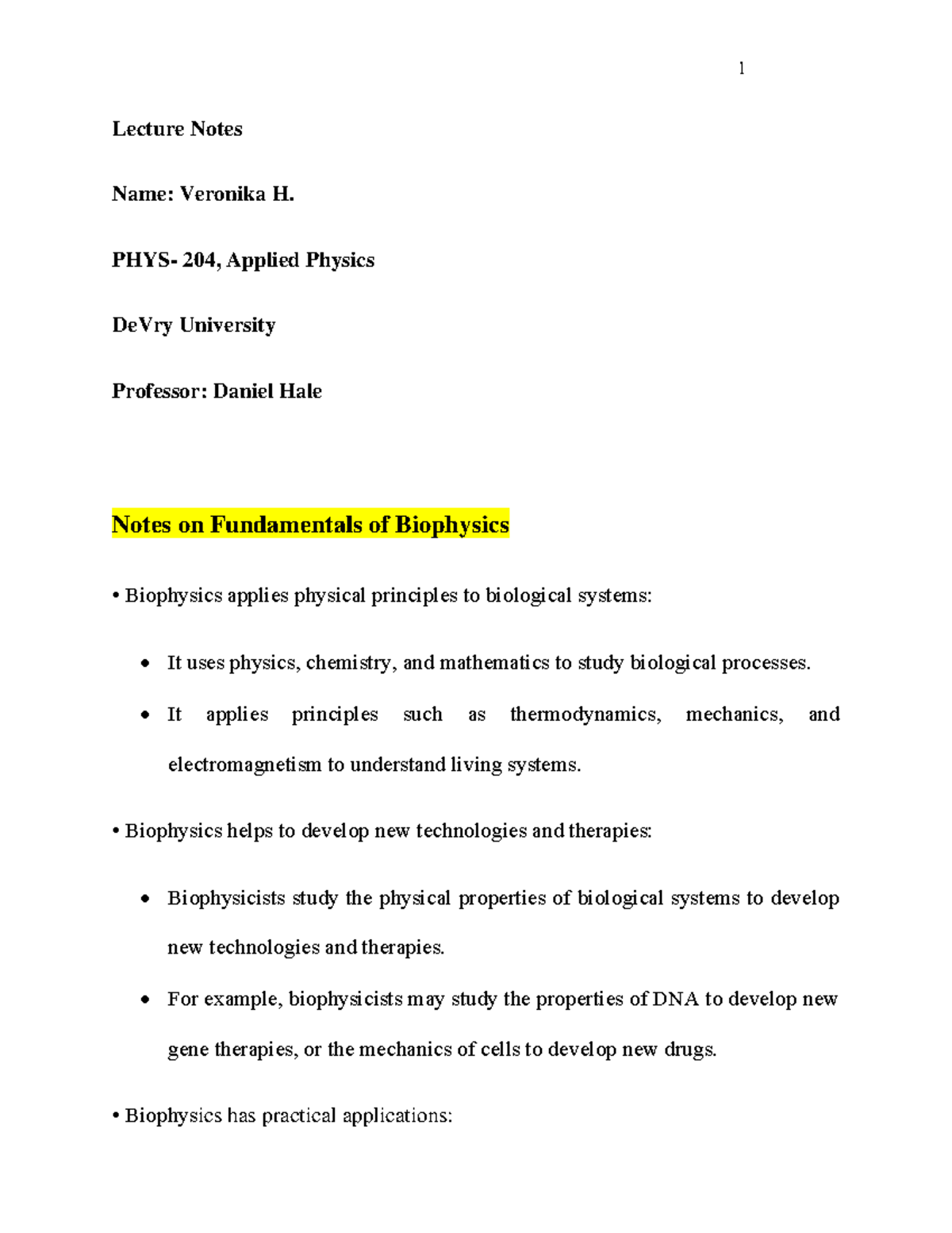 Notes On Fundamentals Of Biophysics - Lecture Notes Name: Veronika H ...