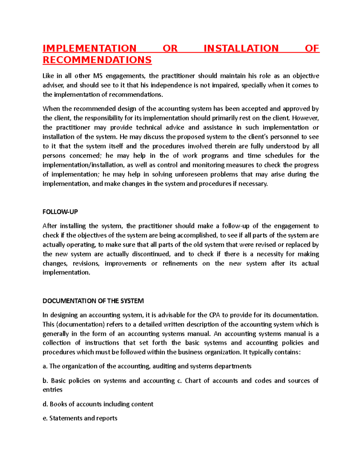 Implementation or Installation of Recommendations - IMPLEMENTATION OR ...