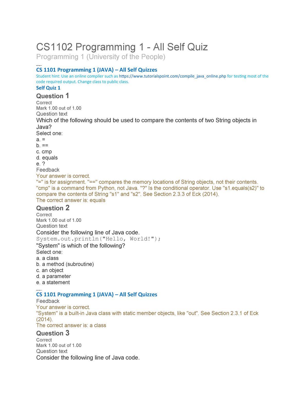 CS1102 Programming 1 All Self Quiz - CS1102 - UoPeople - Studocu