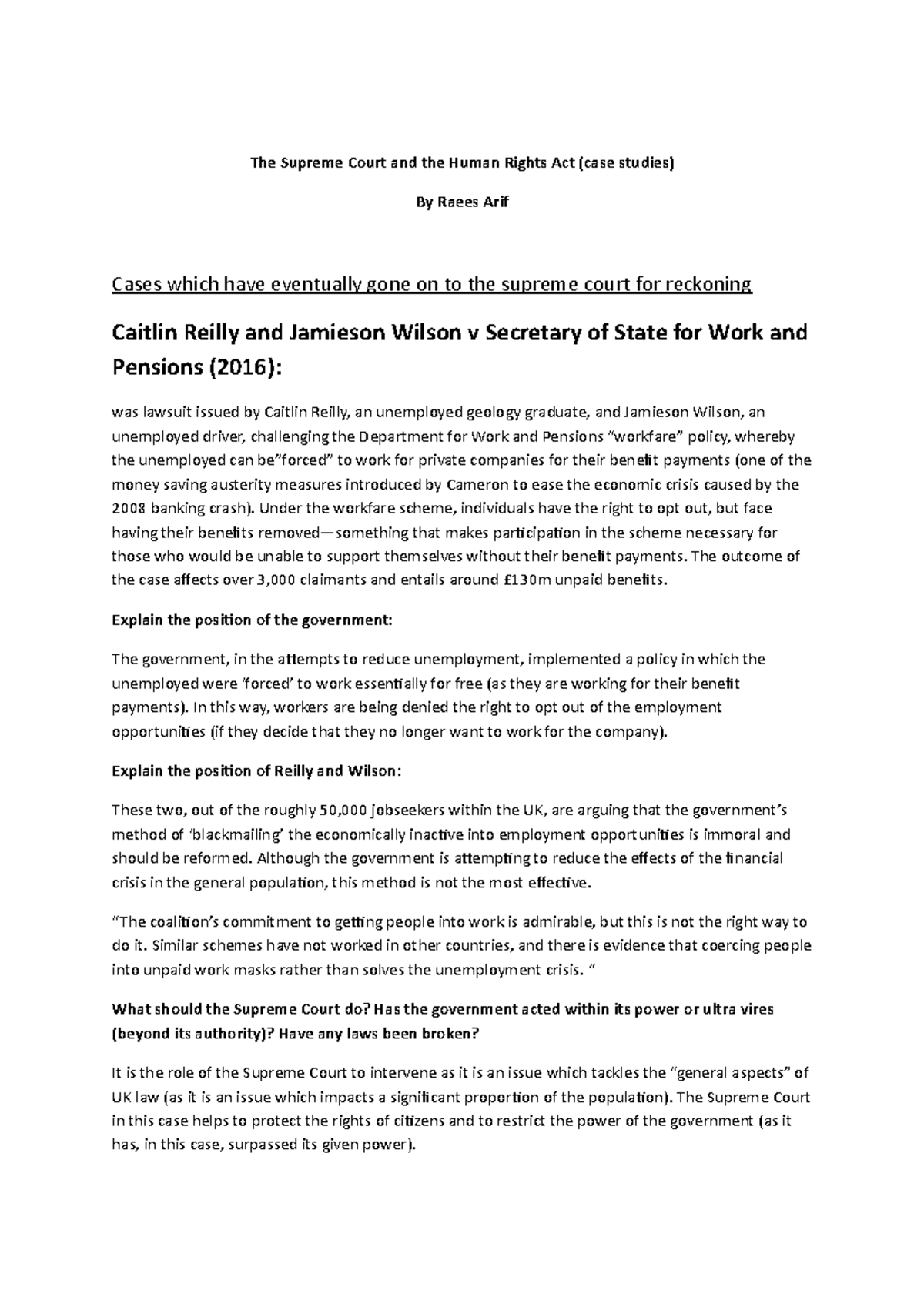 The Supreme Court and the Human Rights Act (case studies) Under the