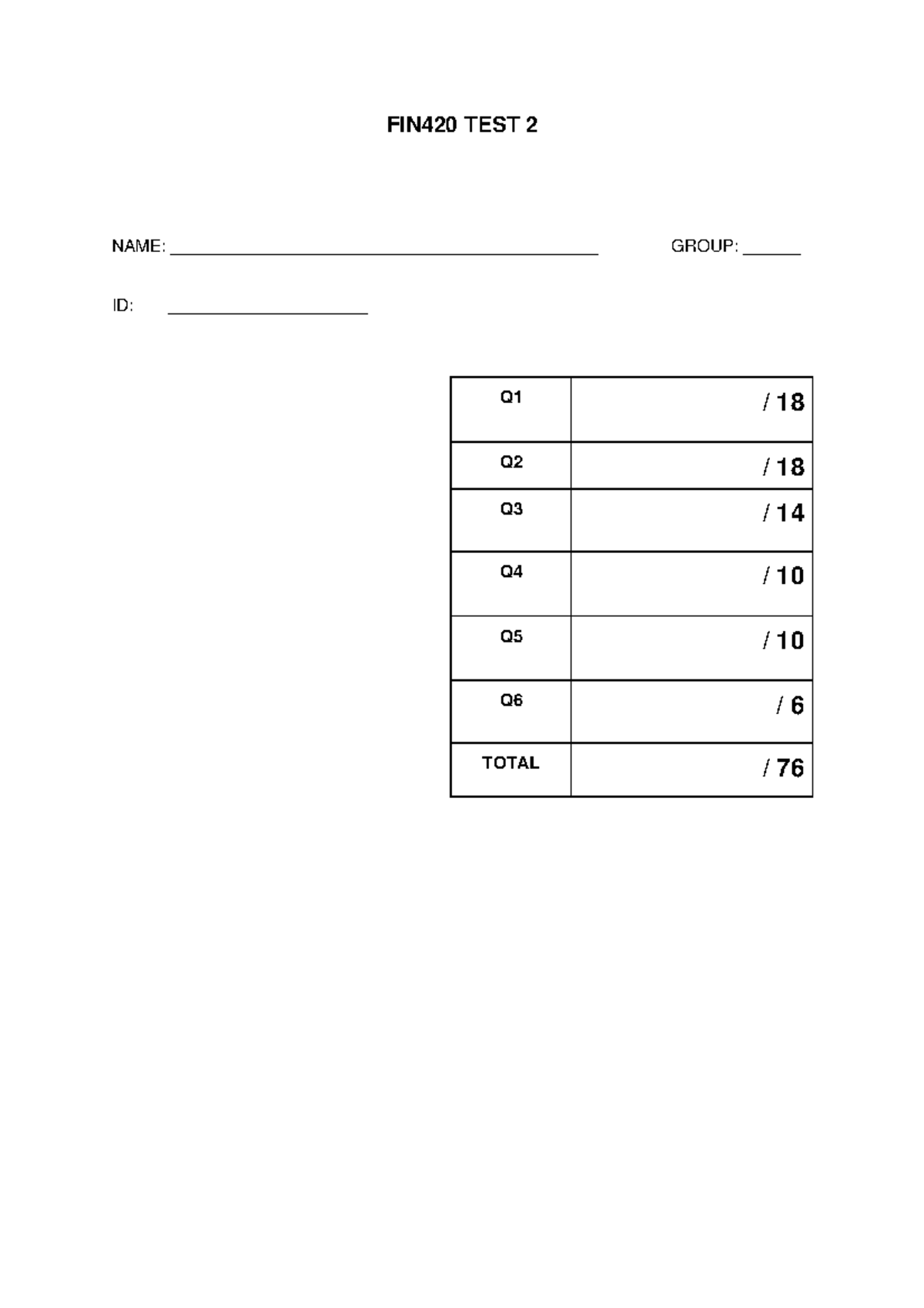 Fin 420 - Finance Test - NAME ...