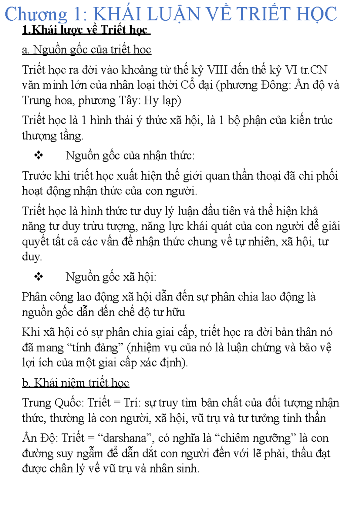 Triết chương 1 - triết chương 1 - 1ái lược về Triết học a. Nguồn gốc ...