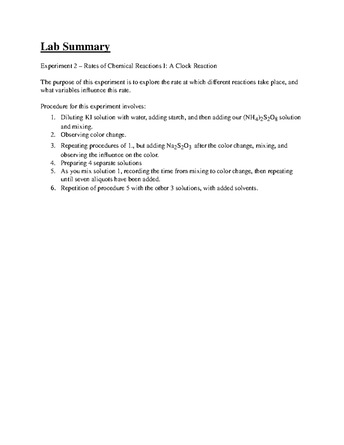 Lab Summary - Lab Summary Experiment 2 – Rates of Chemical Reactions I ...