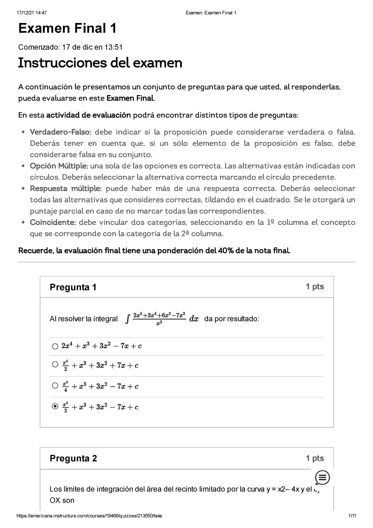 Examen Examen Final 1.pdf MATE 4 - Examen Final 1 Comenzado: 17 De Dic ...