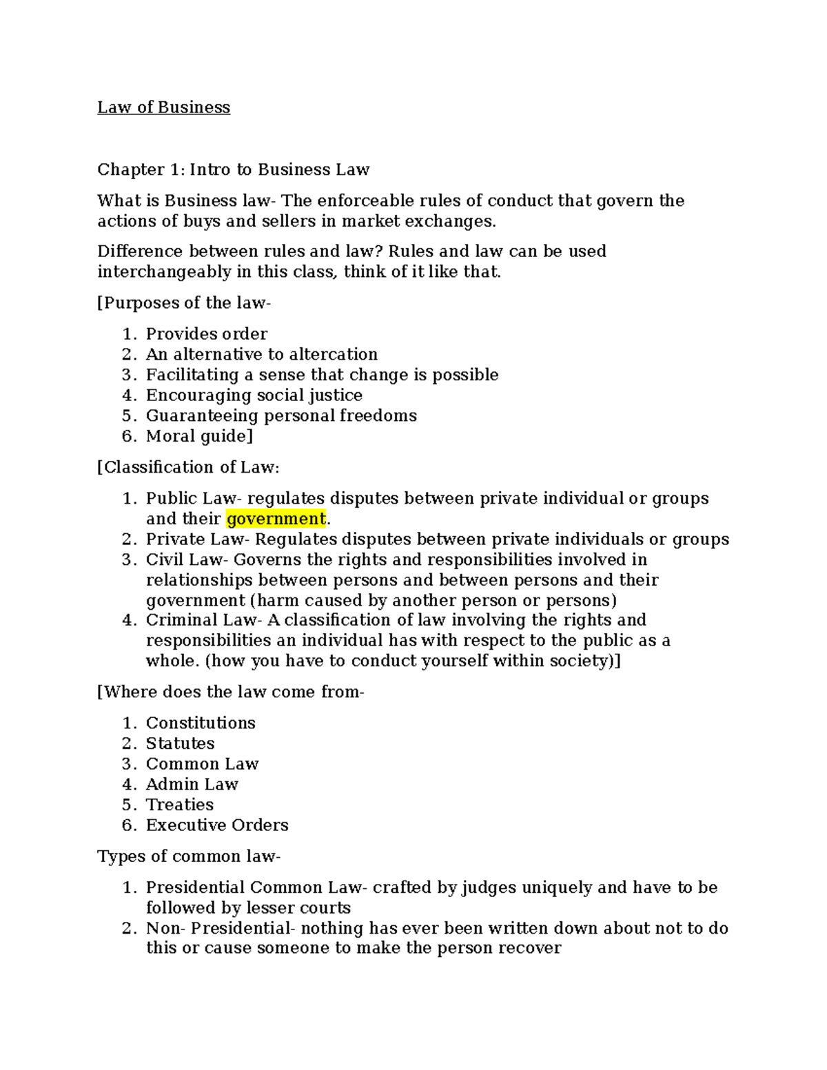 Exam 1 Lecture Chapters 1-2, 4, 7-9 - Law Of Business Chapter 1: Intro ...