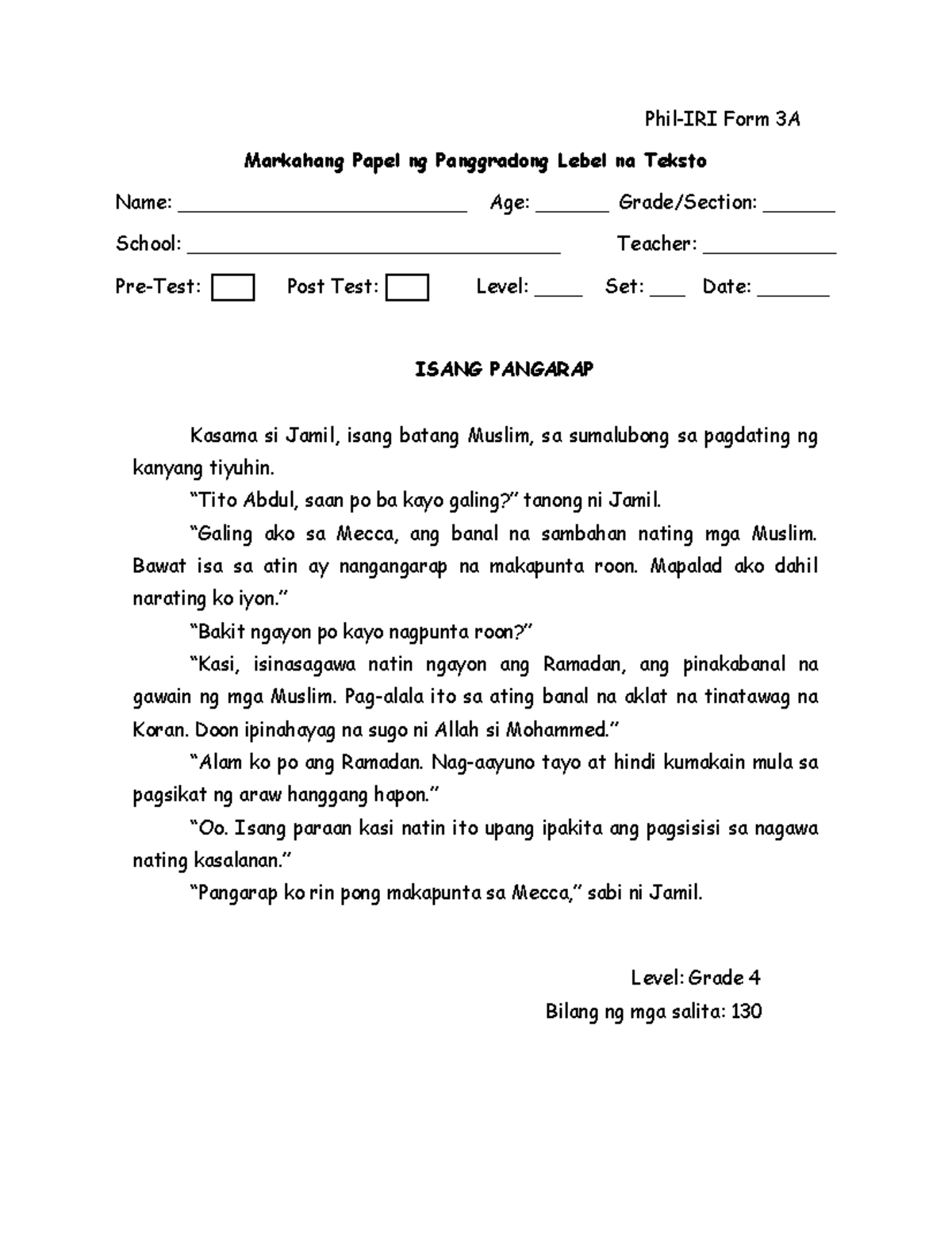 Grade 4 PHIL IRI Passage Individualized Reading Assessment - Phil-IRI ...