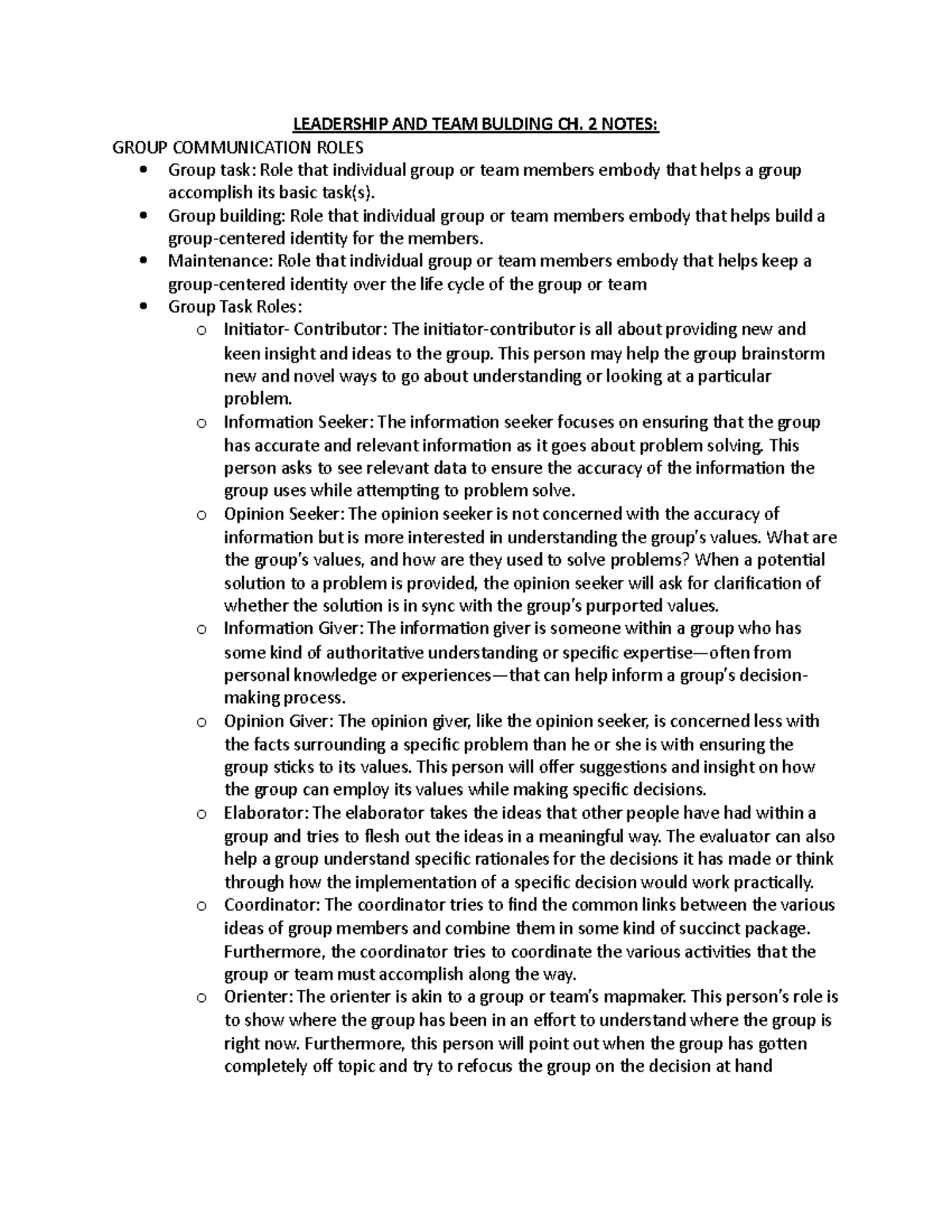 MGT 200 Ch 2 Notes - LEADERSHIP AND TEAM BULDING CH. 2 NOTES: GROUP ...