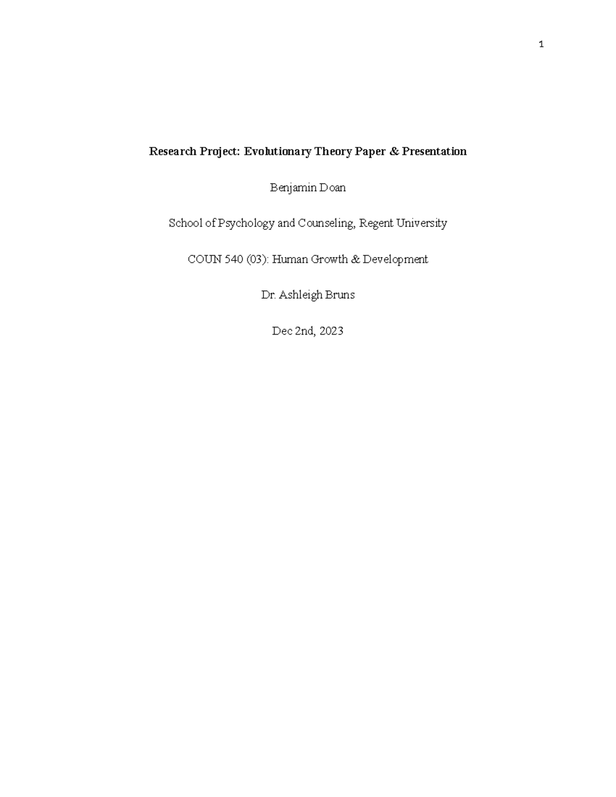 Final Project (Evolutionary Psychology theory of Human Development)1 ...
