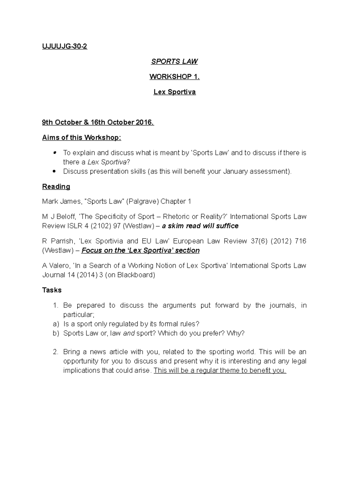 Workshop 1 - Lex Sportivia - UJUUJG-30-2 SPORTS LAW WORKSHOP 1. Lex ...