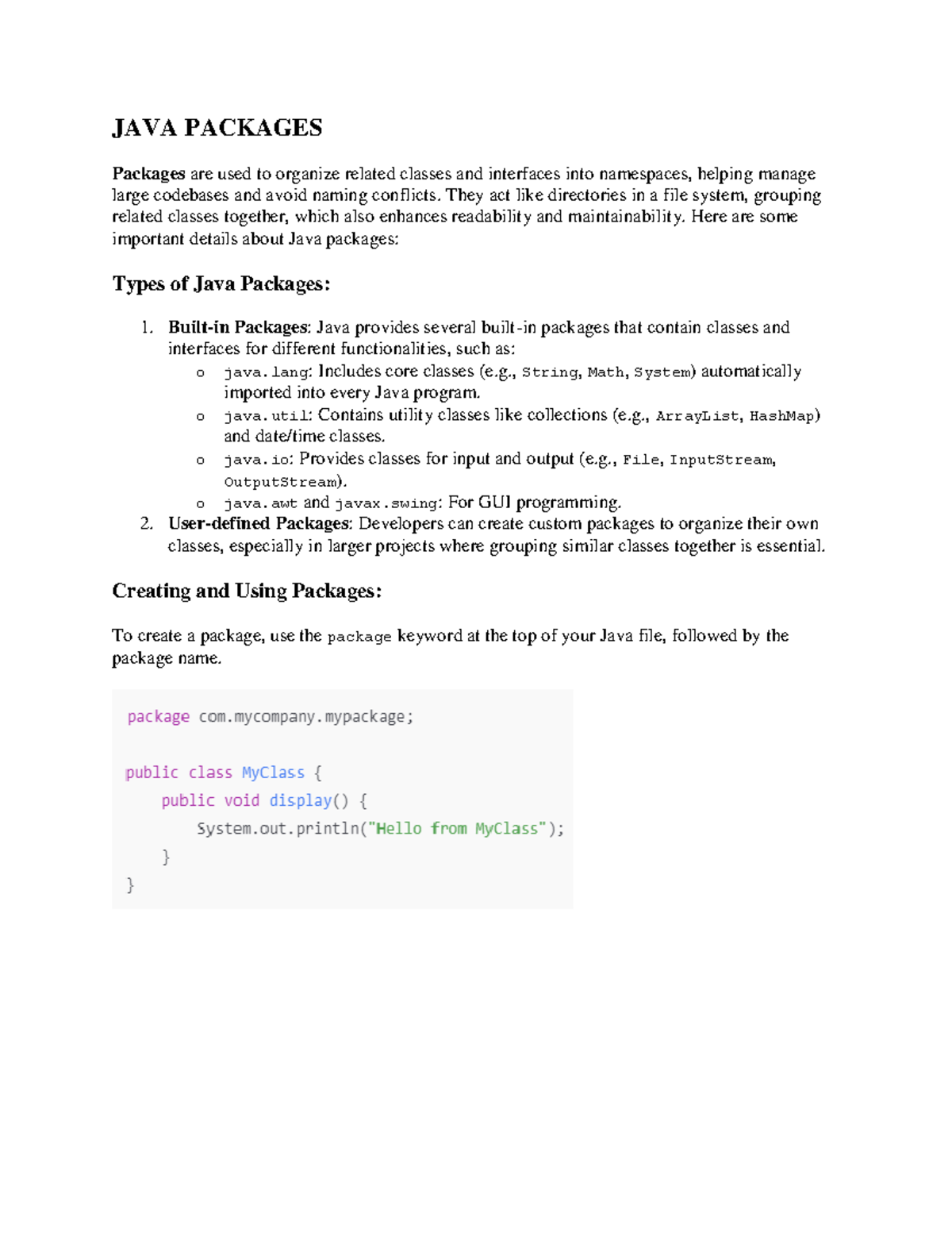 Java packages - JAVA - JAVA PACKAGES Packages are used to organize ...