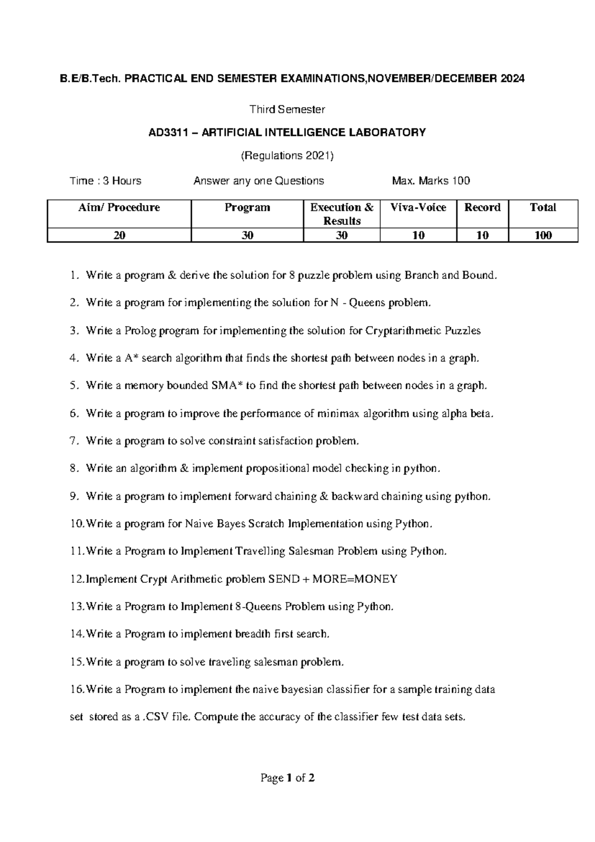 Lab programs for artificial intelligence - Page 1 of 2 B.E/B. PRACTICAL ...