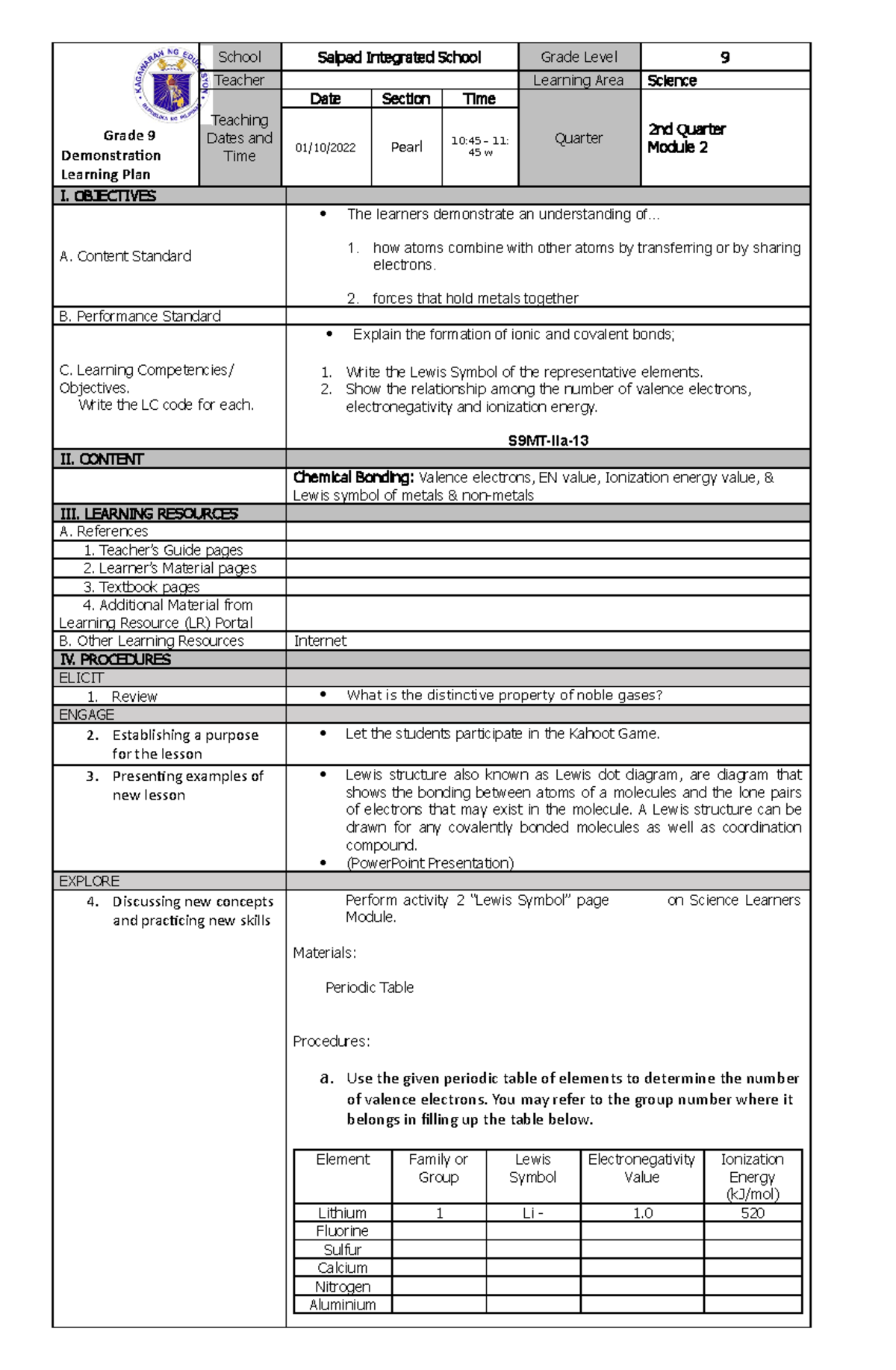 DLP in science 9 - Demontration Learning Plan - Grade 9 Demonstration ...