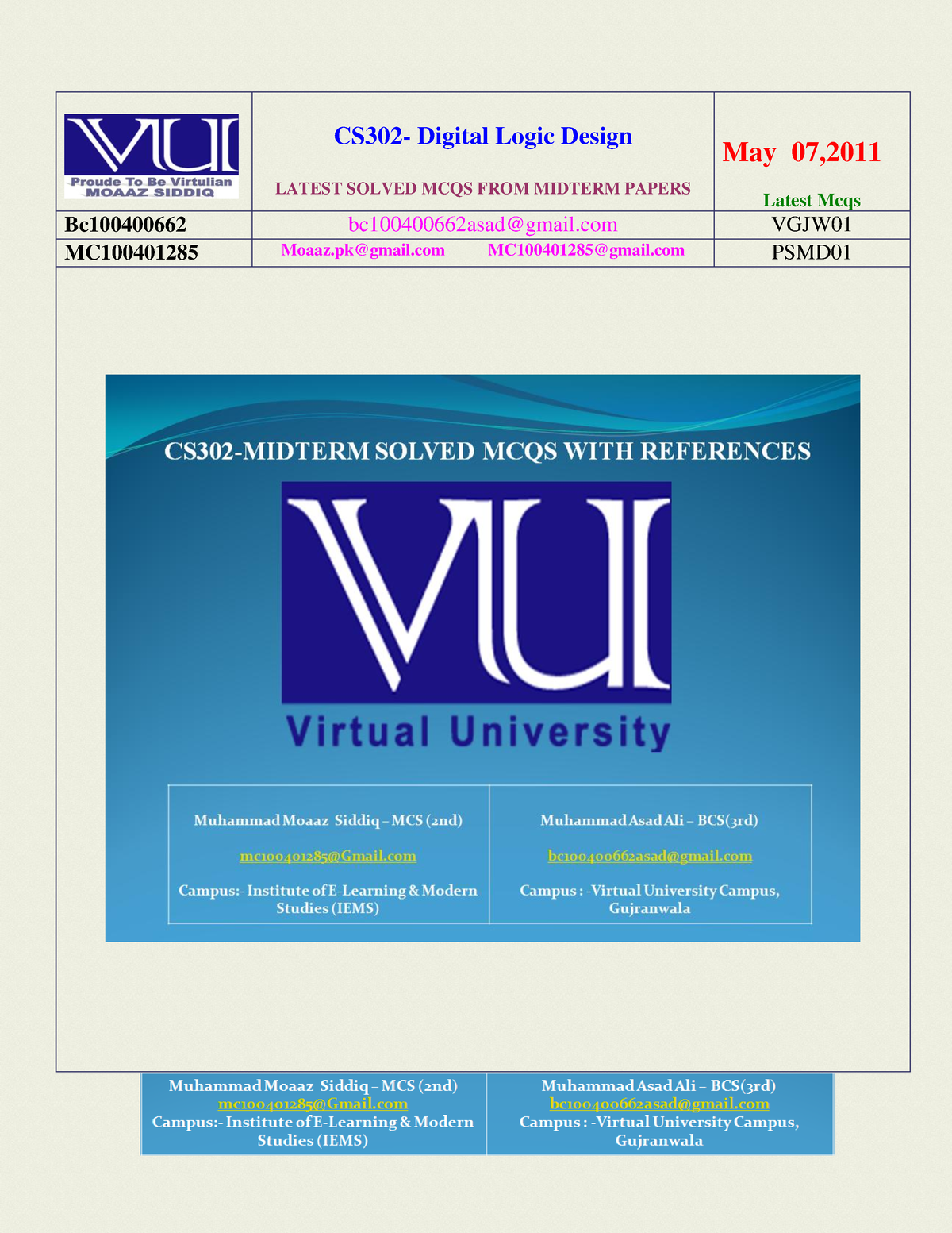 CS302 Midtermsolvedmcqsbymoaazandasad - CS302- Digital Logic Design ...