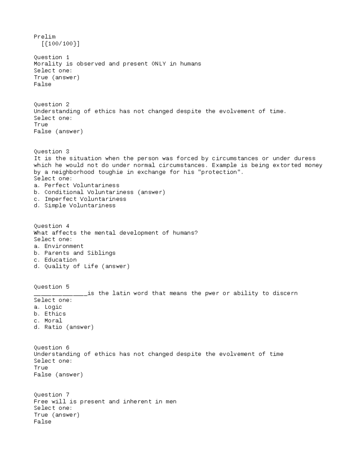 Prelim- Ethicstxt compress - Prelim [{100/100}] Question 1 Morality is ...