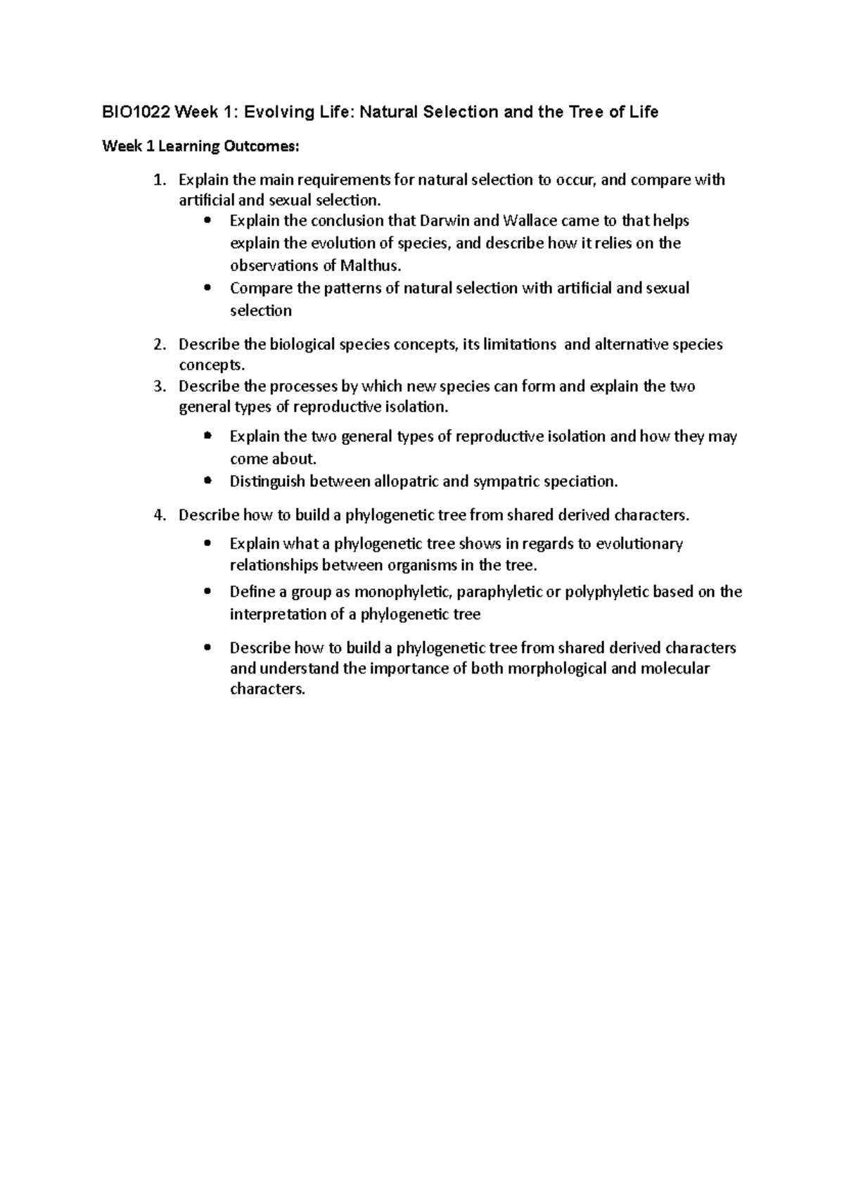 BIO1022 Week 1 Study Guide - BIO1022 Week 1: Evolving Life: Natural ...