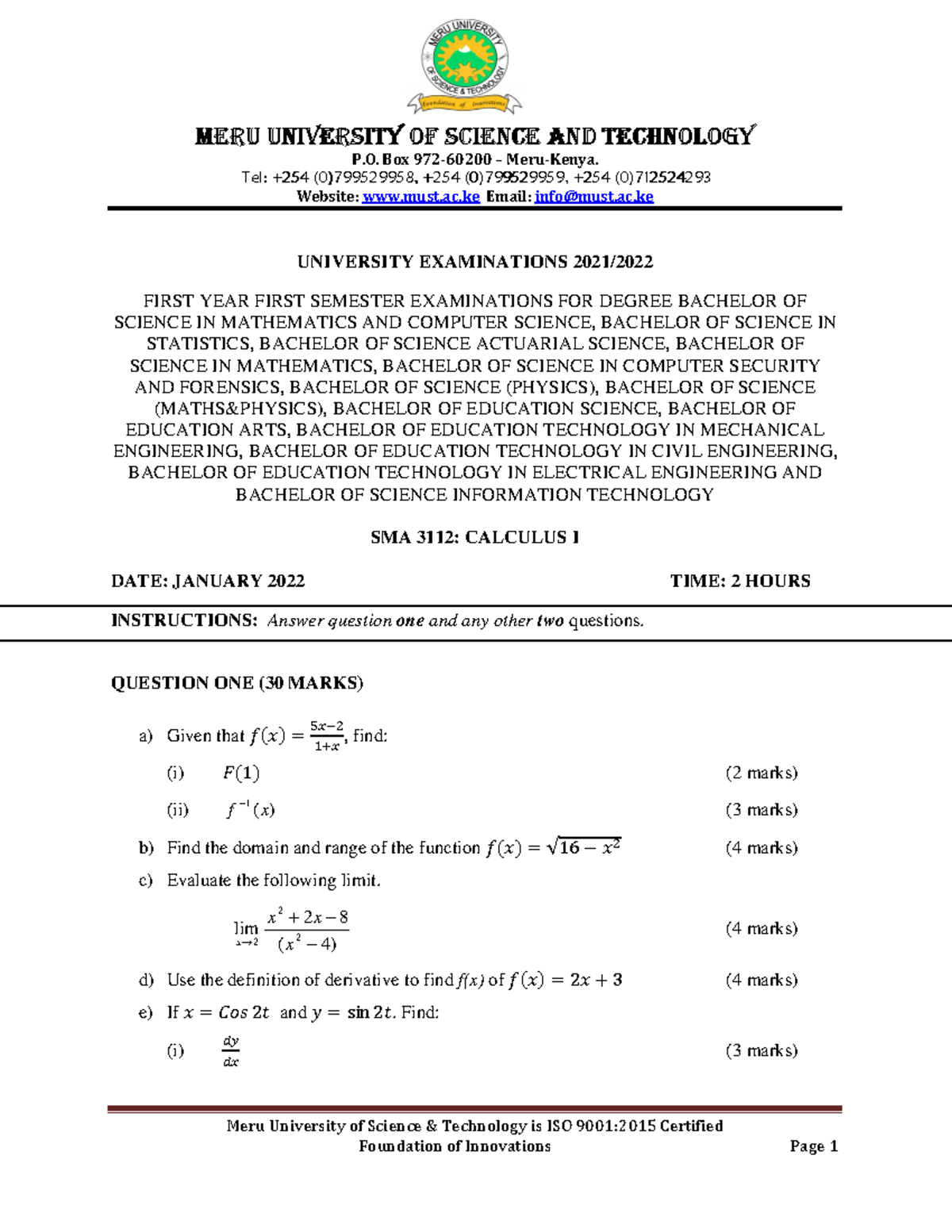 SMA 3112 Calculus I 1 Bachelor of Science Security and