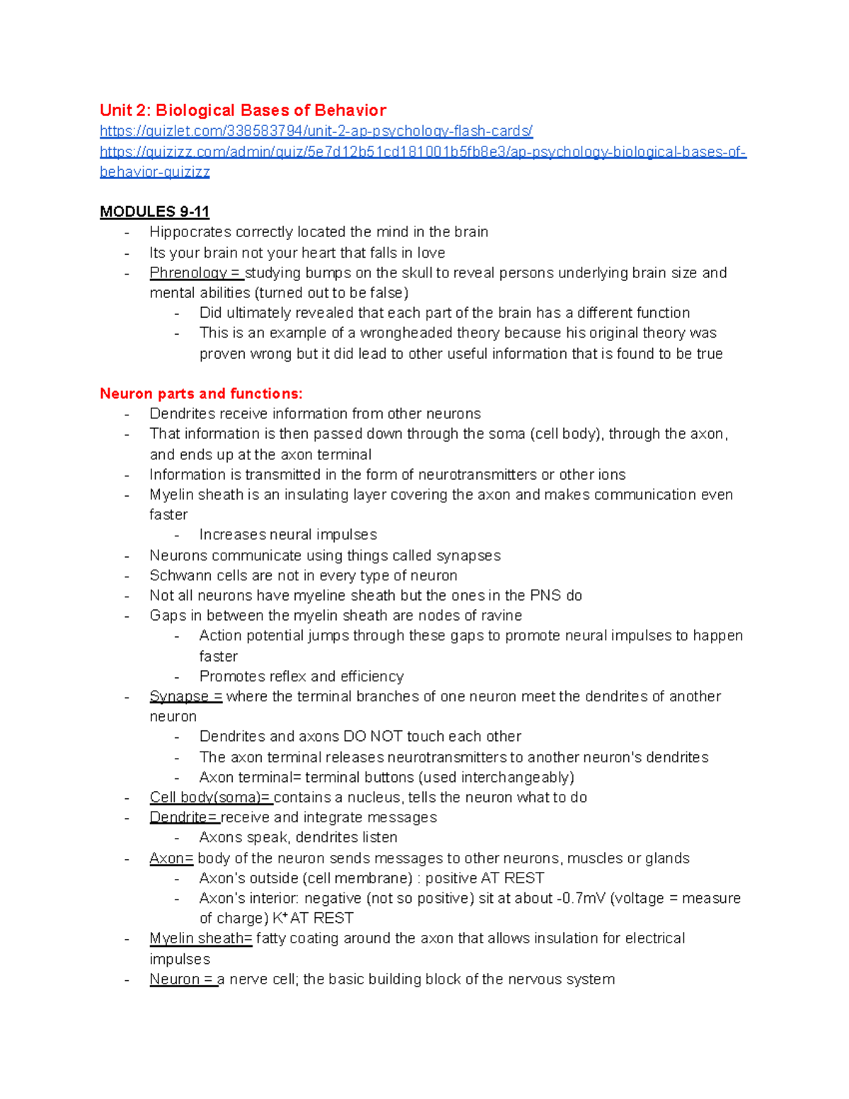 AP Psych Unit 2 Notes Biological Bases Of Behavior - Unit 2: Biological ...