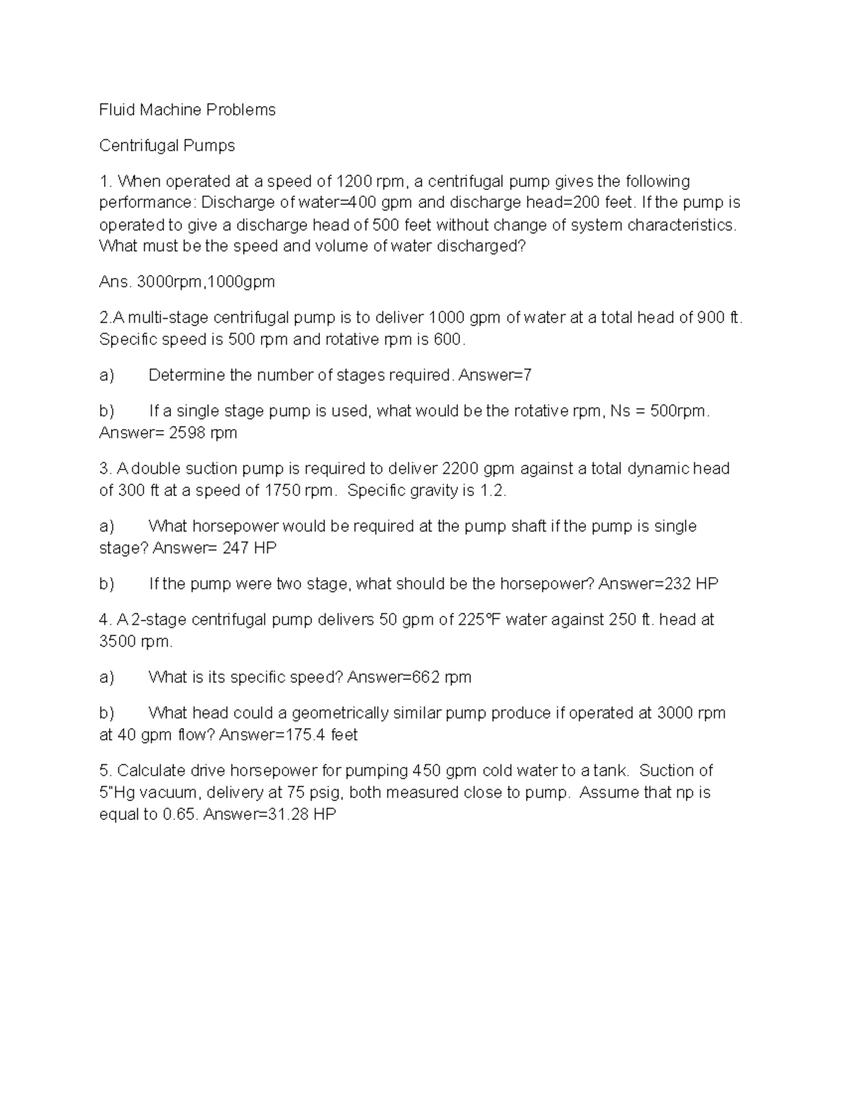 Fluid Machine Problems Fluid Machine Problems Centrifugal Pumps When