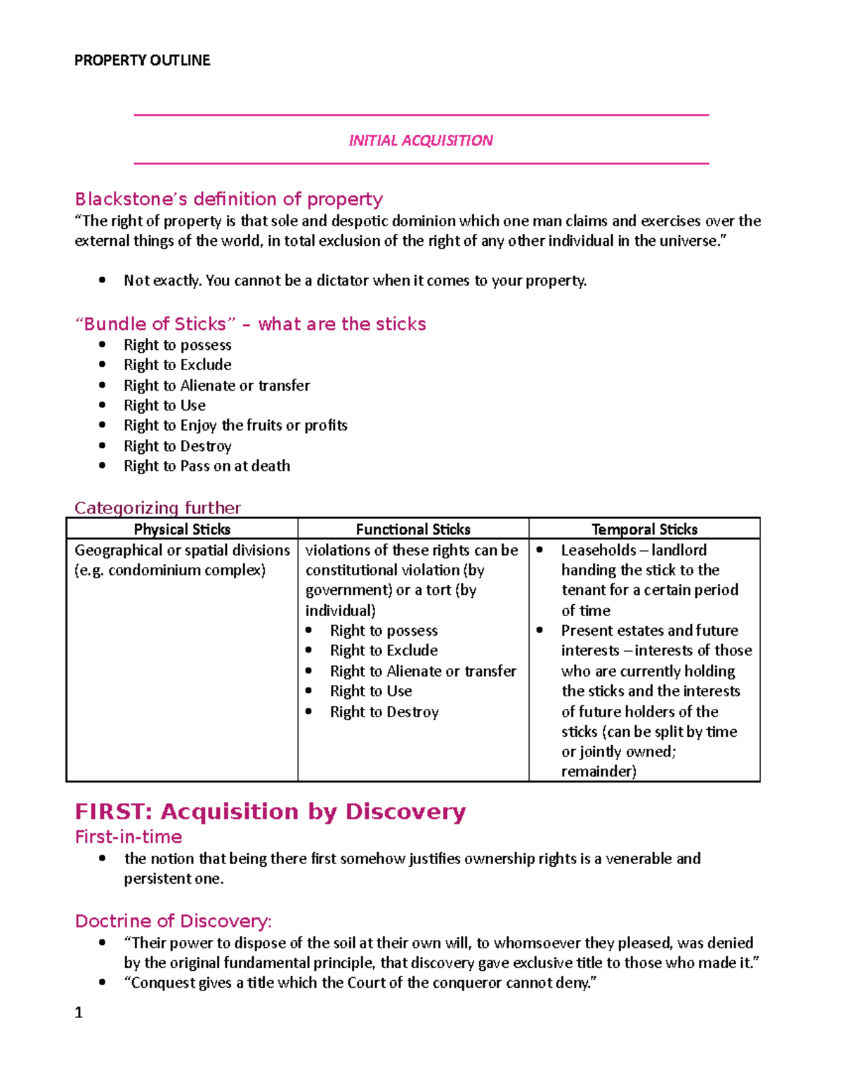 Property and Business Law Outline Spring 2022 INITIAL ACQUISITION