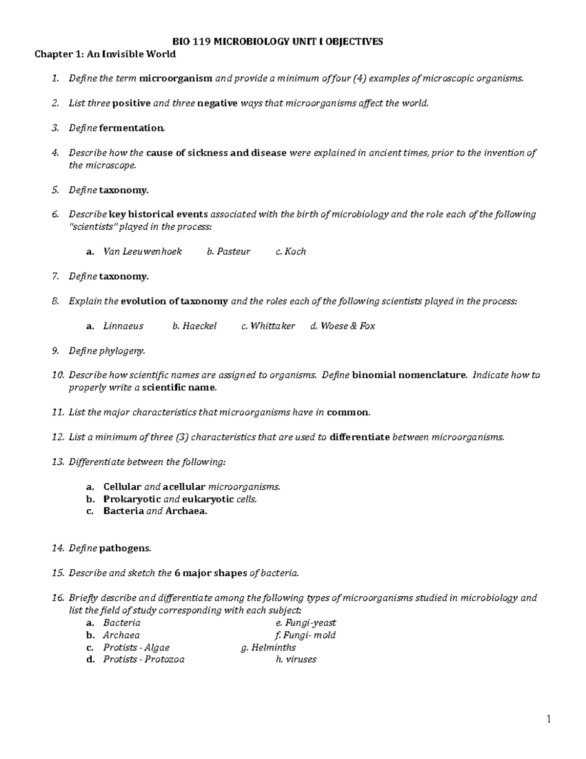 Bio 119 Unit I Objectives FA21 - BIO 119 MICROBIOLOGY UNIT I OBJECTIVES ...