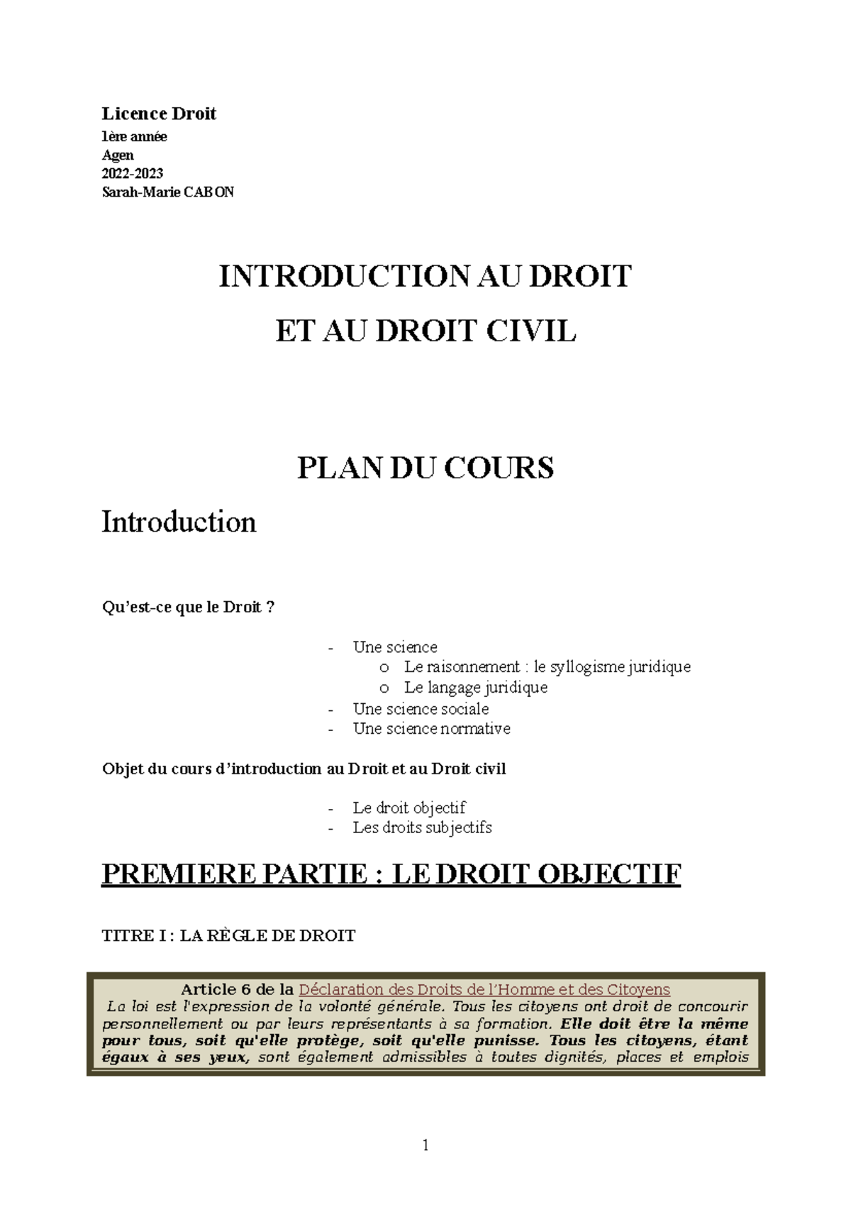 Plan cours P1 - Licence Droit 1ère année Agen 2022- Sarah-Marie CABON ...