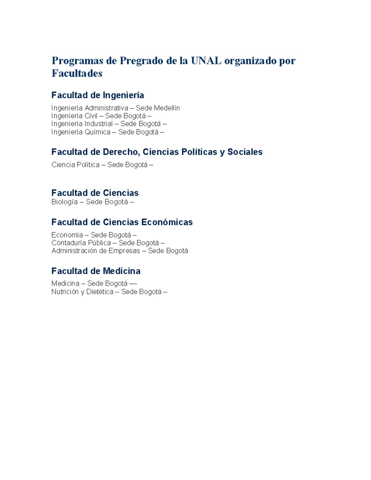 Programas de Pregrado de la UNAL organizado por Facultades - Programas ...