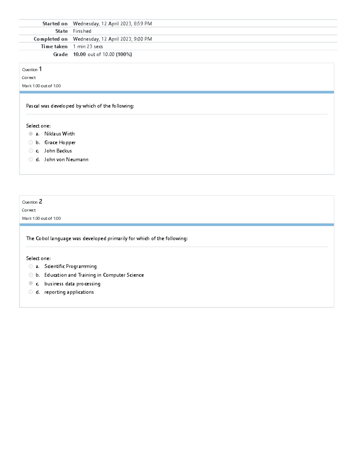 Self-Quiz 1 History and Evolution of Programming Languages - Started on ...