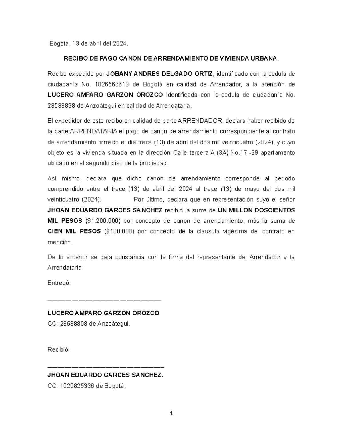 Recibo de pago Arriendo - Bogotá, 13 de abril del 2024. RECIBO DE PAGO