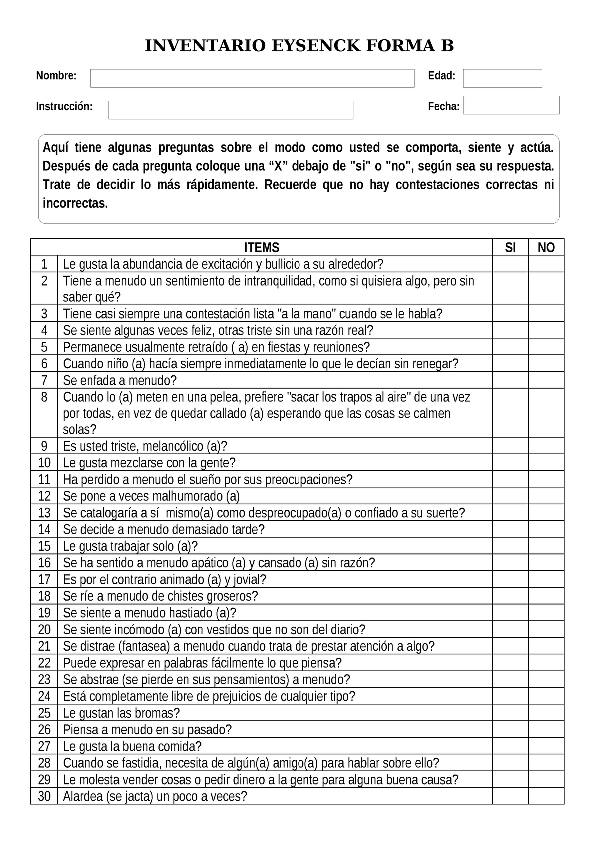 Inventario Eysenck Forma B - Protocolo - INVENTARIO EYSENCK FORMA B ...