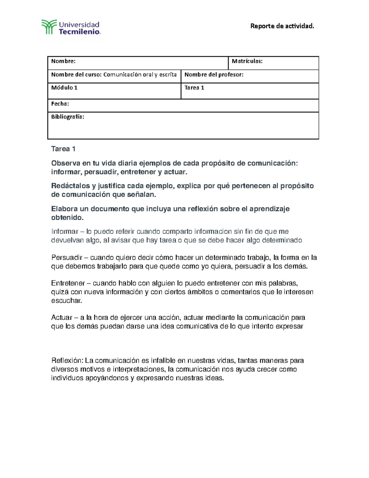 Tarea 1 Comunicacion oral y escrita - Reporte de actividad. Nombre ...