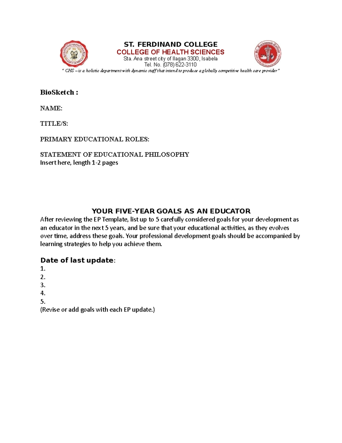 Faculty Portfolio template ST. FERDINAND COLLEGE COLLEGE OF HEALTH