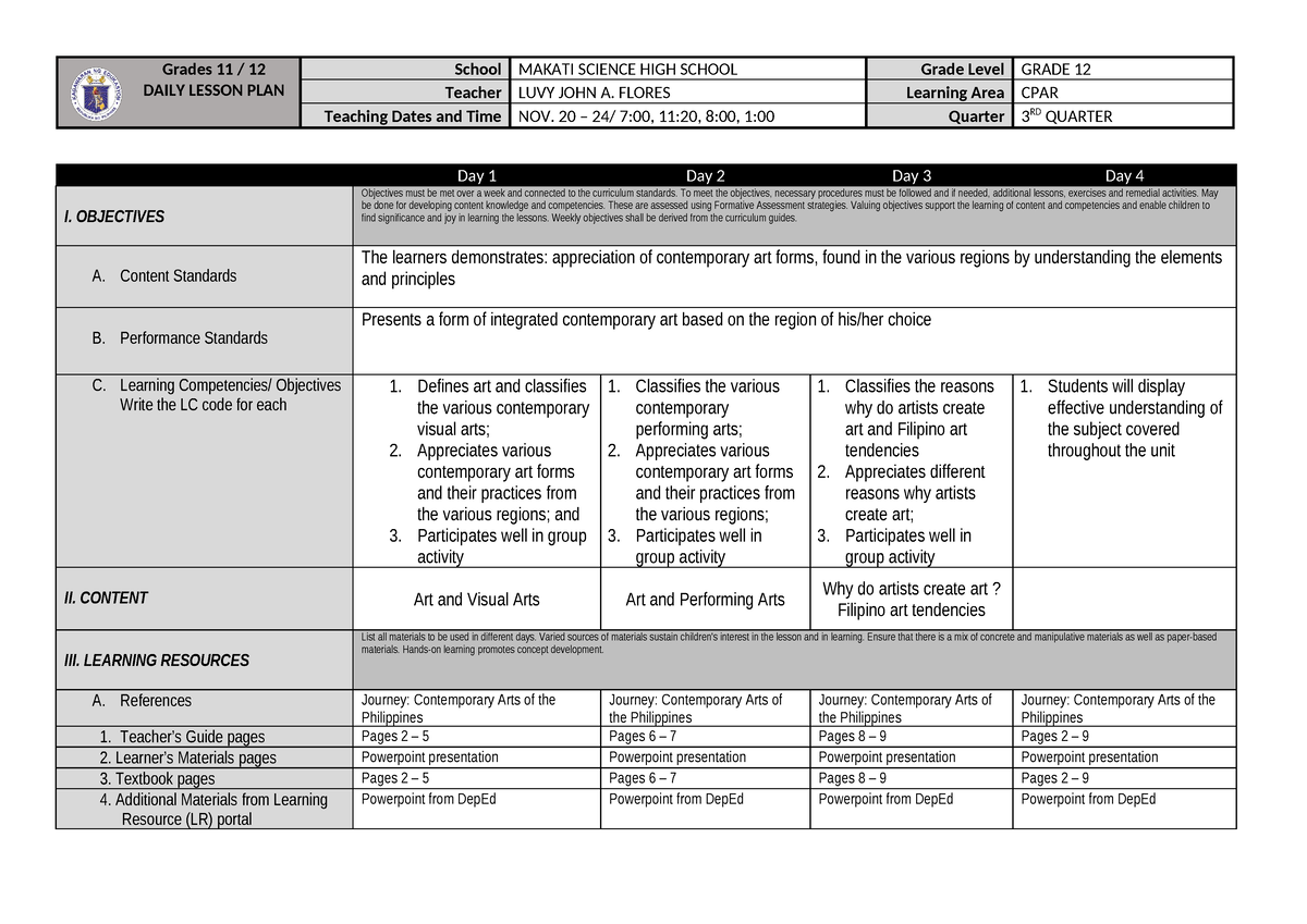 364895644 Lesson Plan Contemporary Arts from the Philippines - Grades ...