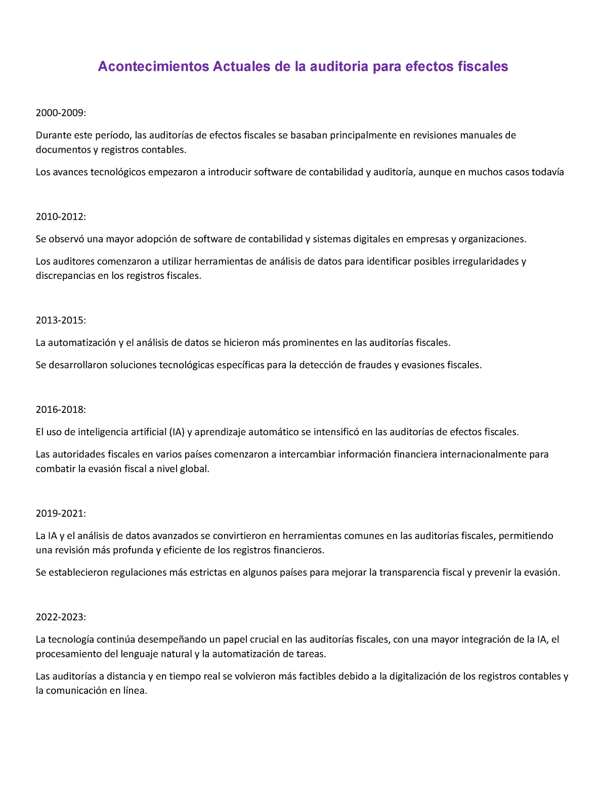 Acontecimientos Actuales De La Auditoria Para Efectos Fiscales