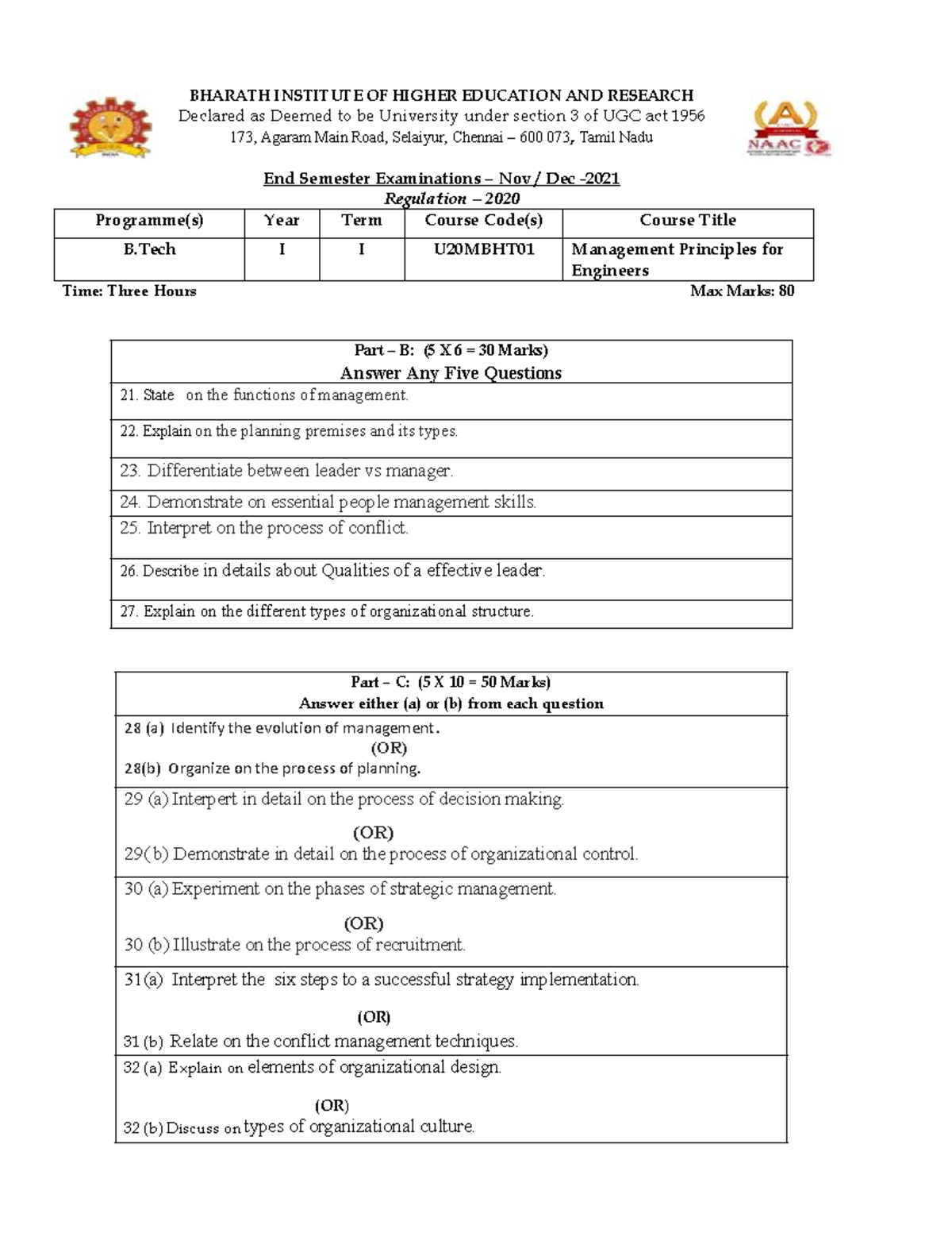 U20MBHT01 Management Principles For Engineers 3c41889 b9fbf87bf256273 c0437a42eb BHARATH
