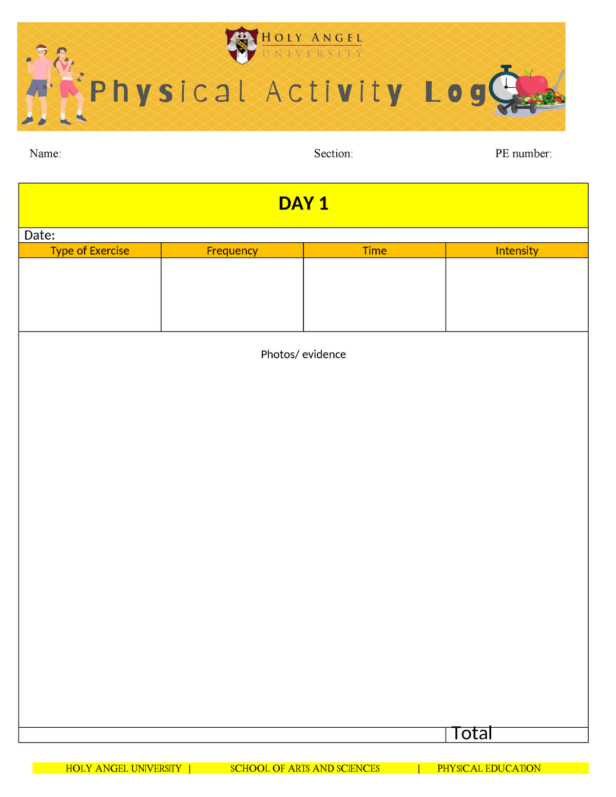 7tpe2 Physical Activity Log Template Physical Education Day 1 Date Type Of Exercise