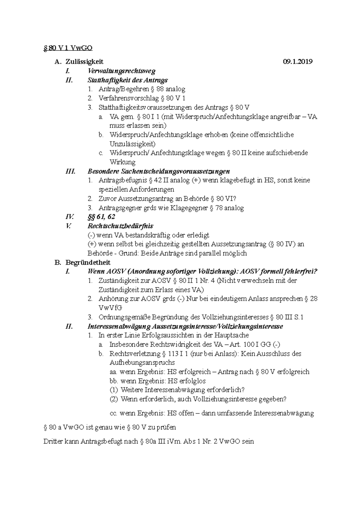 80 V Jules - Übersicht - § 80 V 1 VwGO Aässigkeit 09. I ...