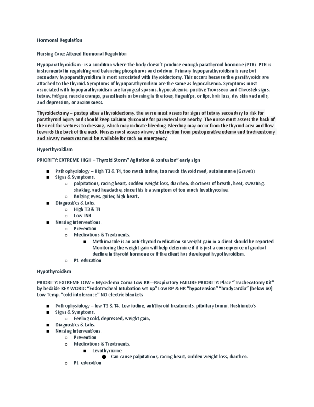 Study guide - Hormonal Regulation Nursing Care: Altered Hormonal ...