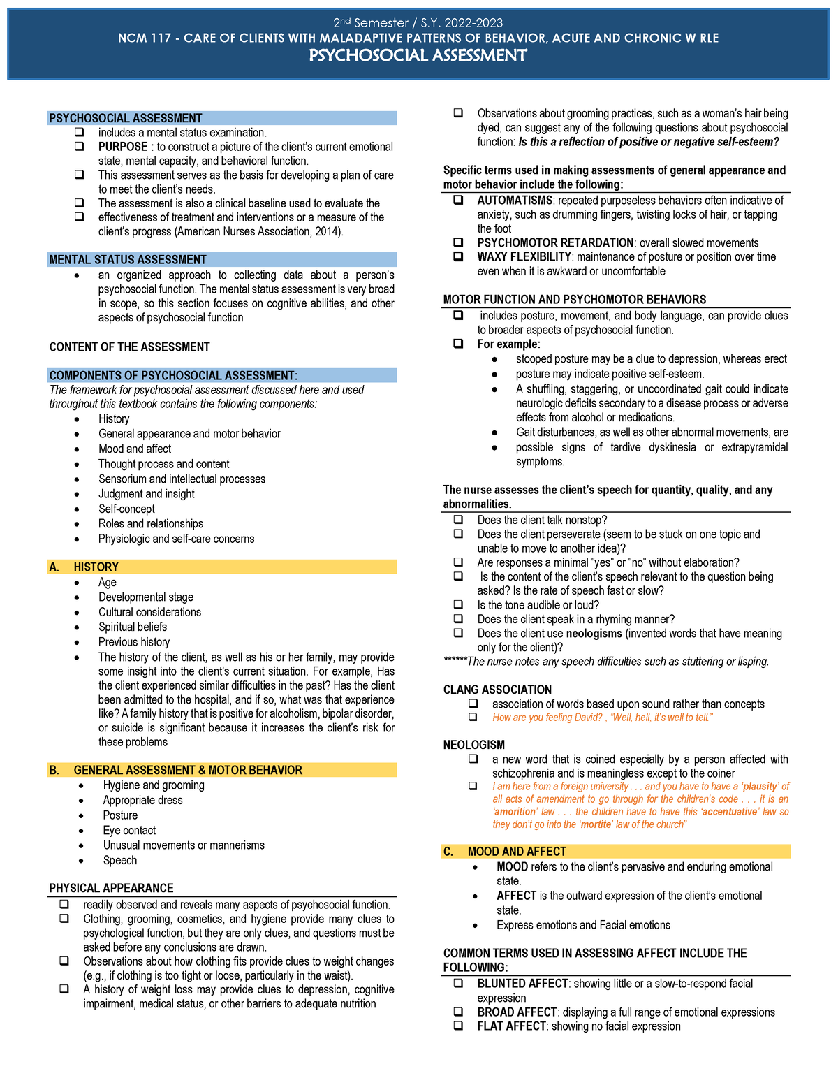 Psychosocial Assessment - PSYCHOSOCIAL ASSESSMENT includes a mental ...