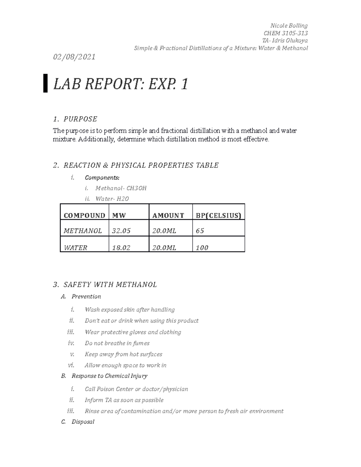 Lab 1 Simple & Fractional Distillations of a Mixture Water & Methanol
