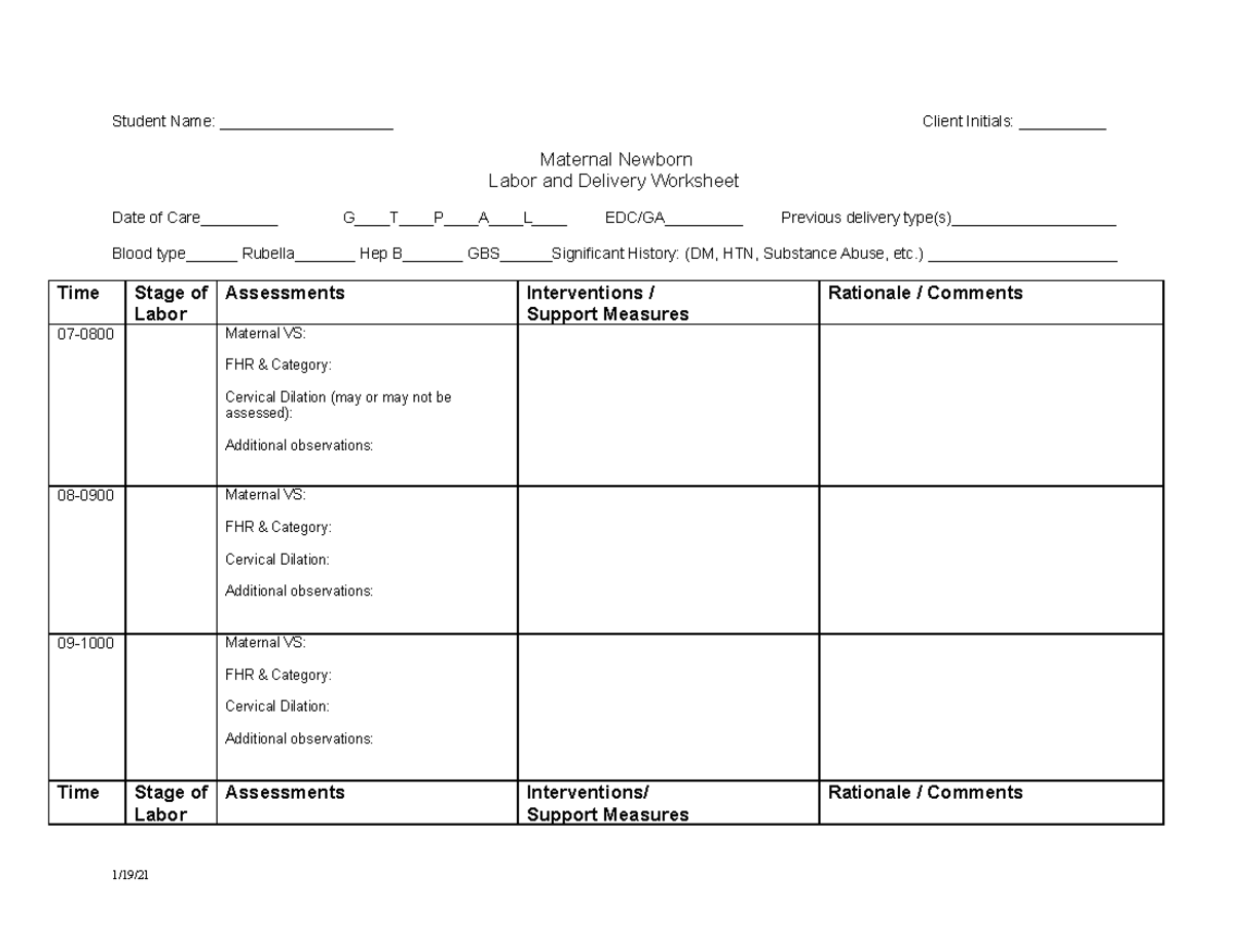 Labor and delivery worksheet - Student Name ...