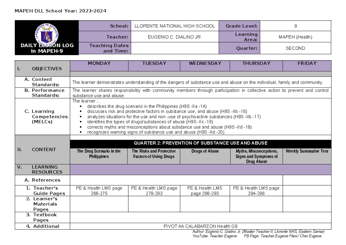 Q2 DLL- Mapeh 9 Health - DAILY LESSON LOG In MAPEH- School: LLORENTE ...