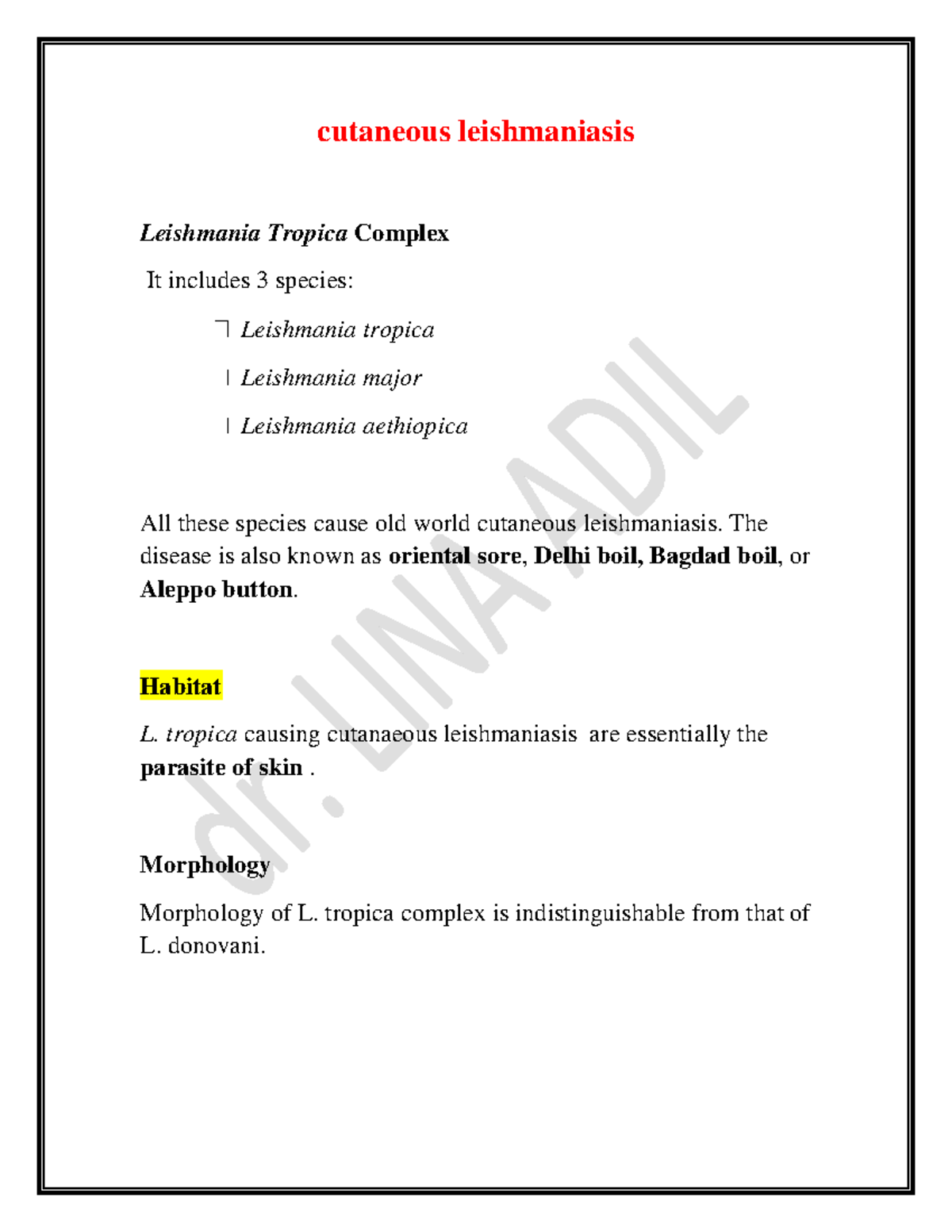 Cutaneous Leishmaniasis The Disease Is Also Known As Oriental Sore 