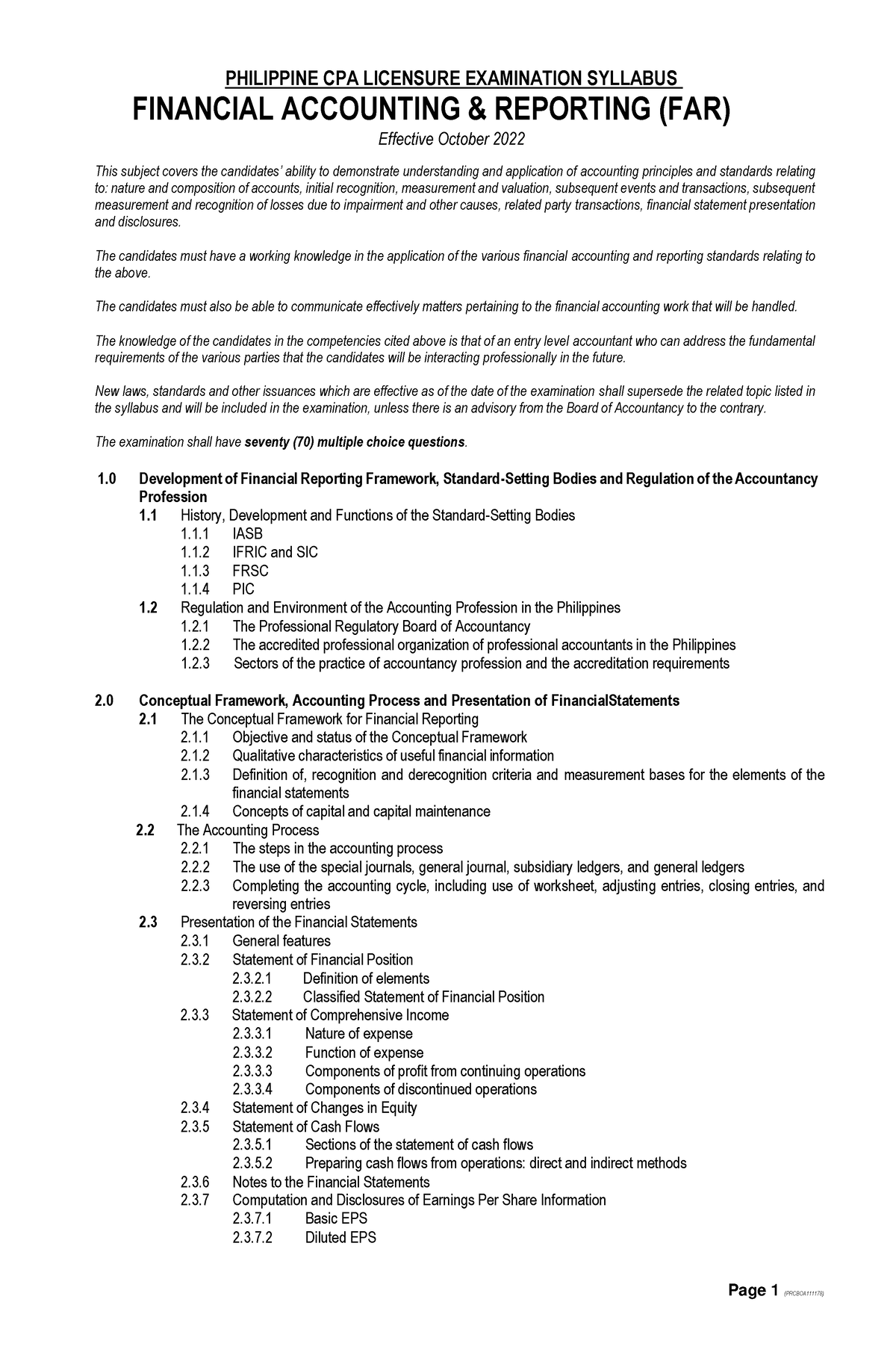 FAR Syllabus Oct 2022 Cpale Page 1 (PRCBOA111178) PHILIPPINE CPA